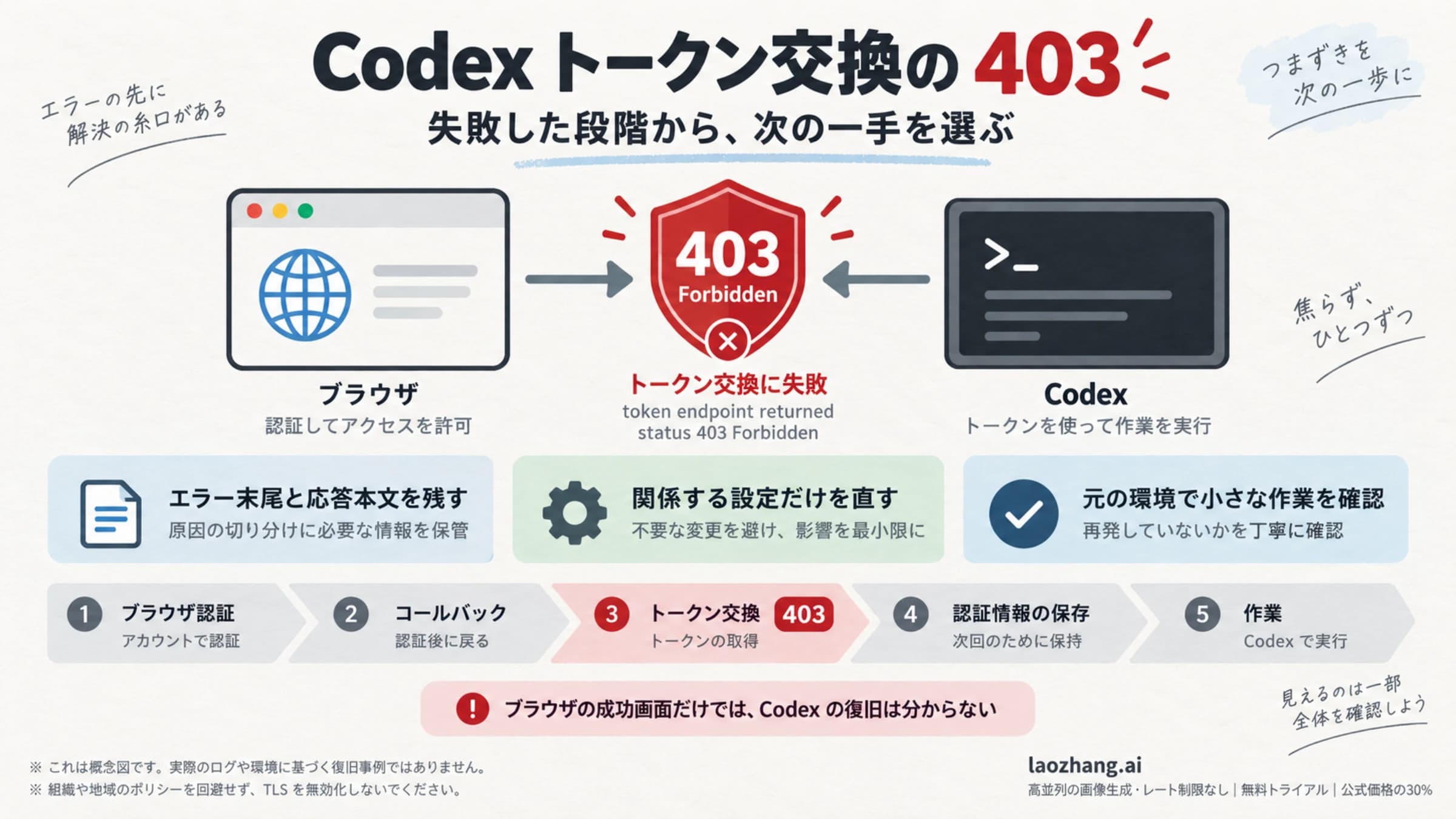 Codexのトークン交換403を、エラーの記録、段階に合う修正、元の環境での作業確認に分けた概念図