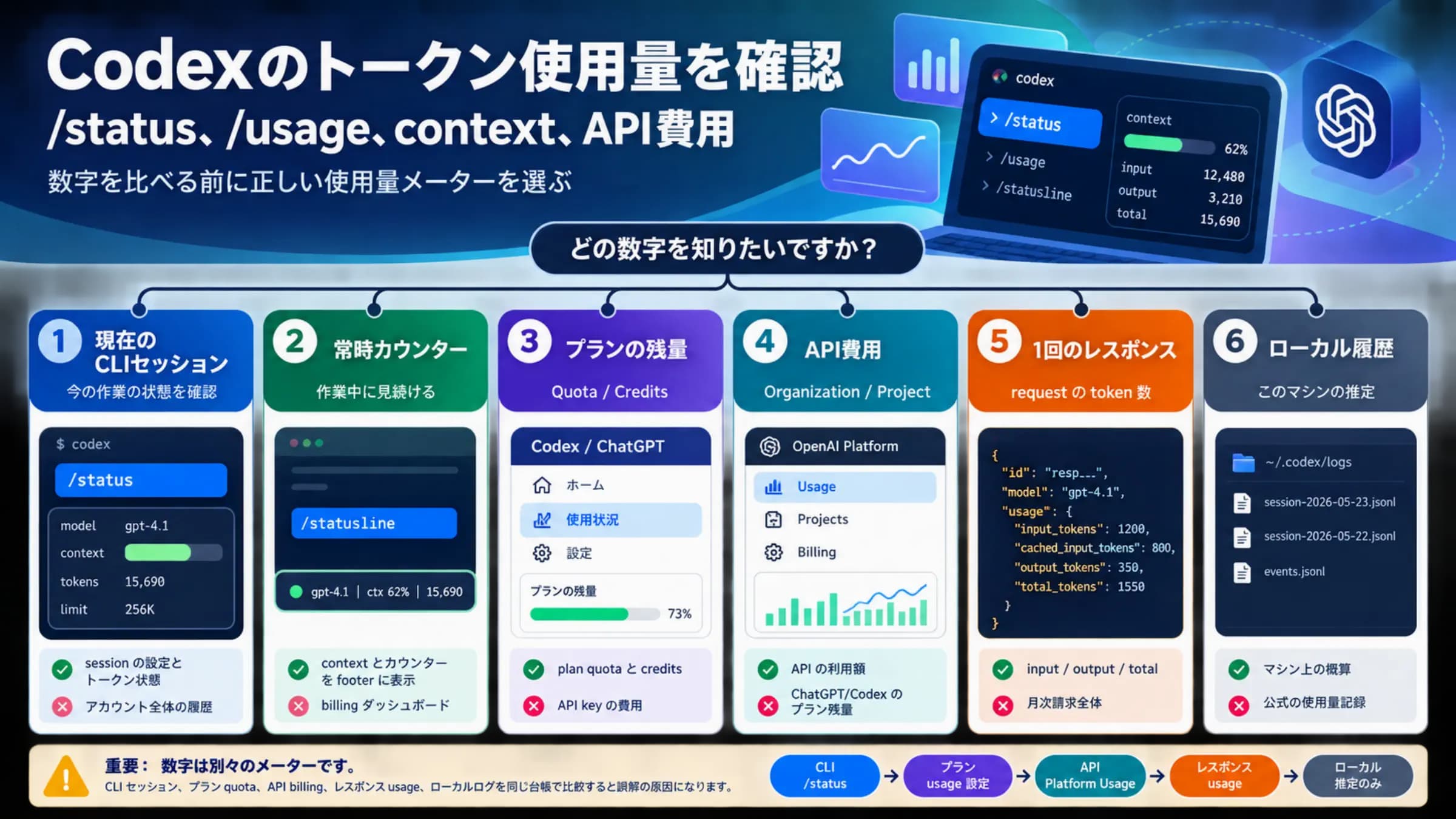 Codex の token と context 使用量ルートボード。CLI セッション、context pressure、statusline、plan quota、API billing、response usage、local estimate を分ける