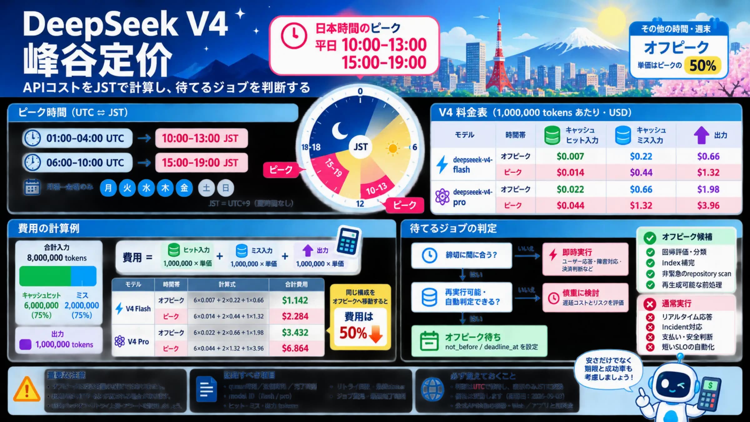 DeepSeek V4のピーク時間、トークン料金、費用計算、バッチ移動条件の全体図