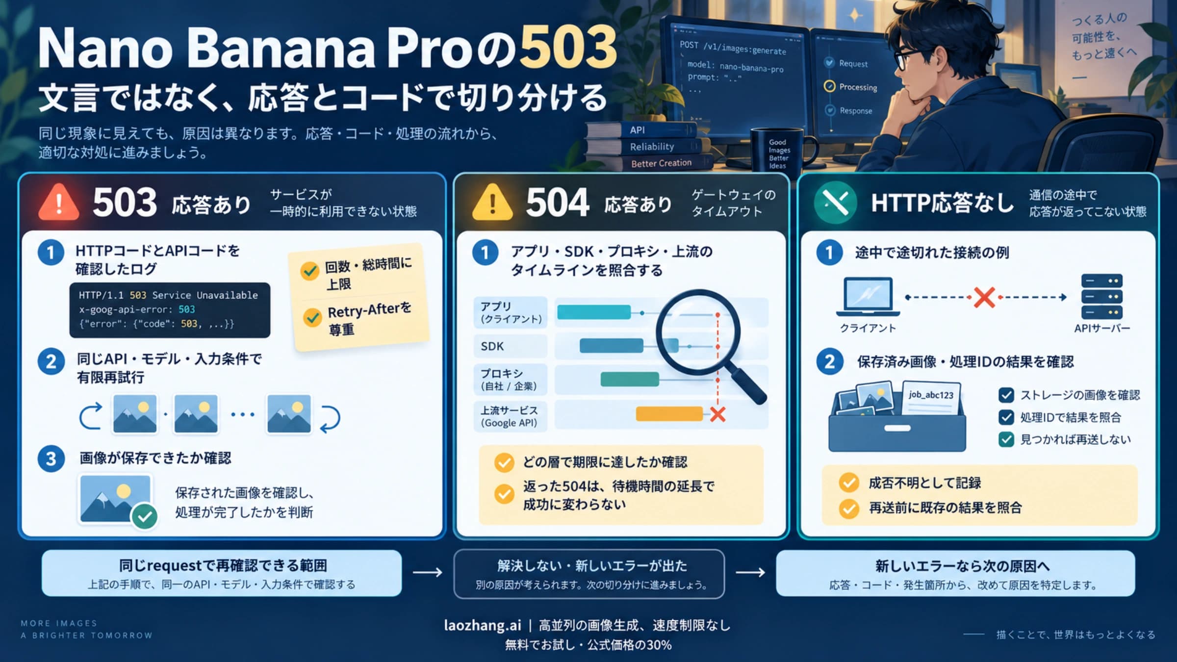 503は上限付き再試行、504は期限に達した層の確認、応答なしは成否不明として既存結果を照合する概念図