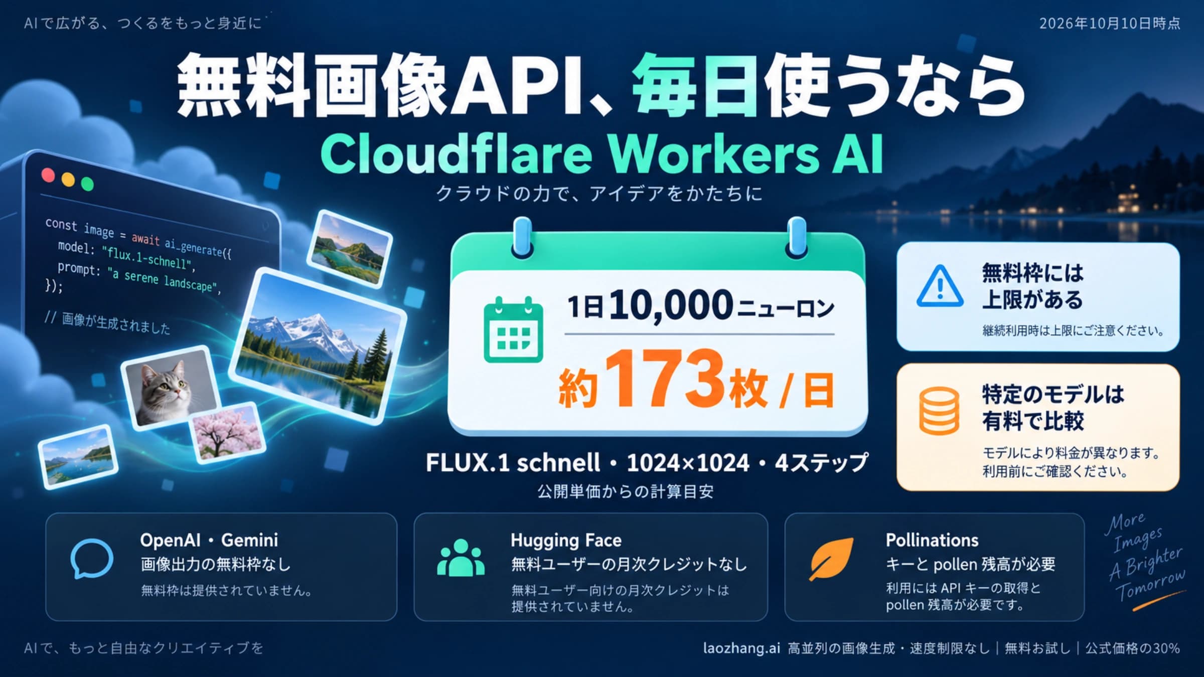 Cloudflare Workers AIの毎日の無料枠と、FLUX.1 schnellを1024×1024・4ステップで使う場合の約173枚という計算目安を示す図