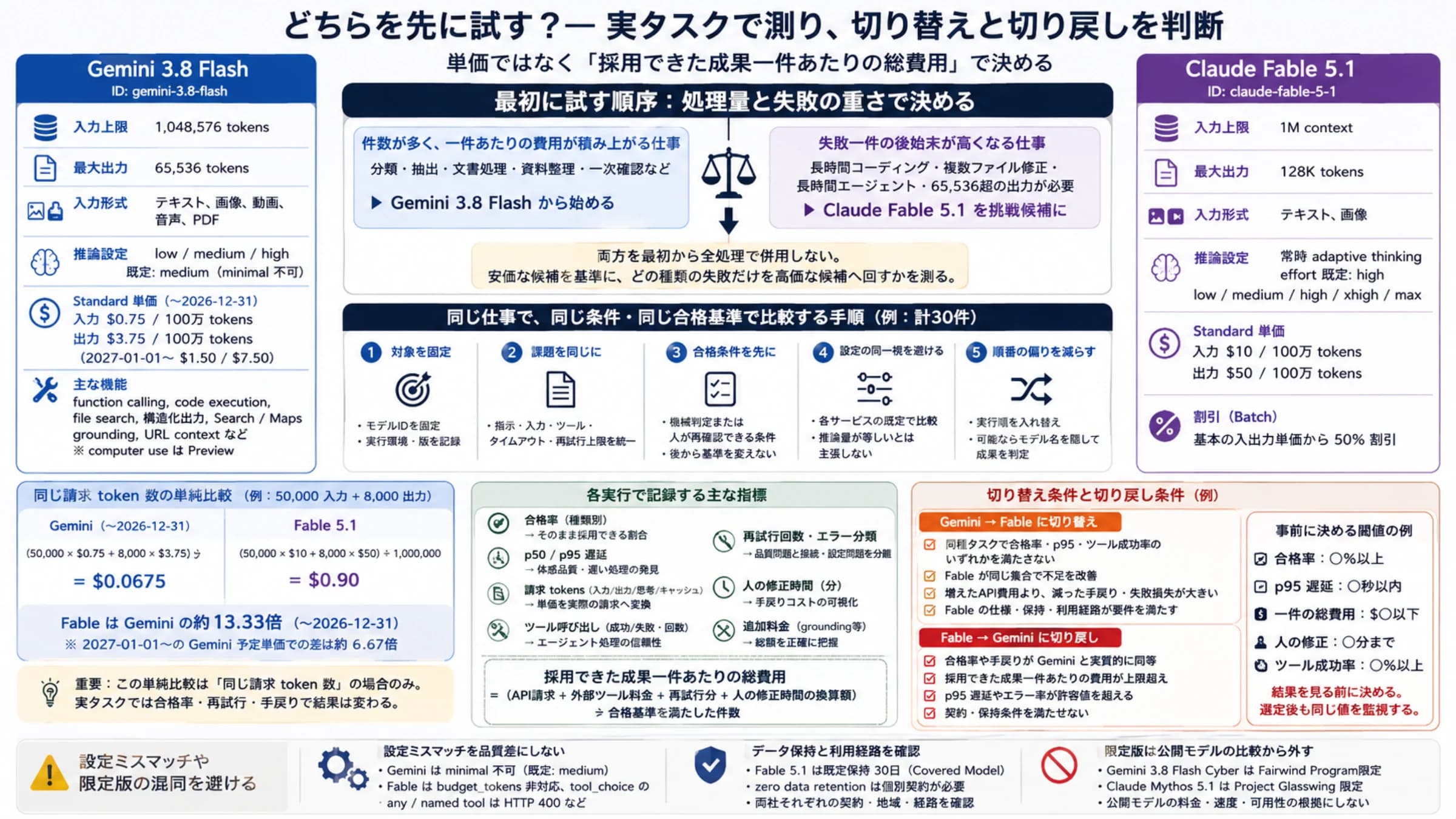 Gemini 3.8 FlashとClaude Fable 5.1を同じ実タスクで比較し、切り替えと切り戻しを判断する図