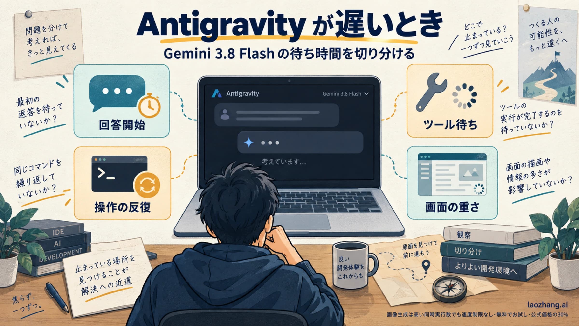 Antigravity の待ち時間を回答開始、ツール待ち、操作の反復、画面の重さに分けた概念図