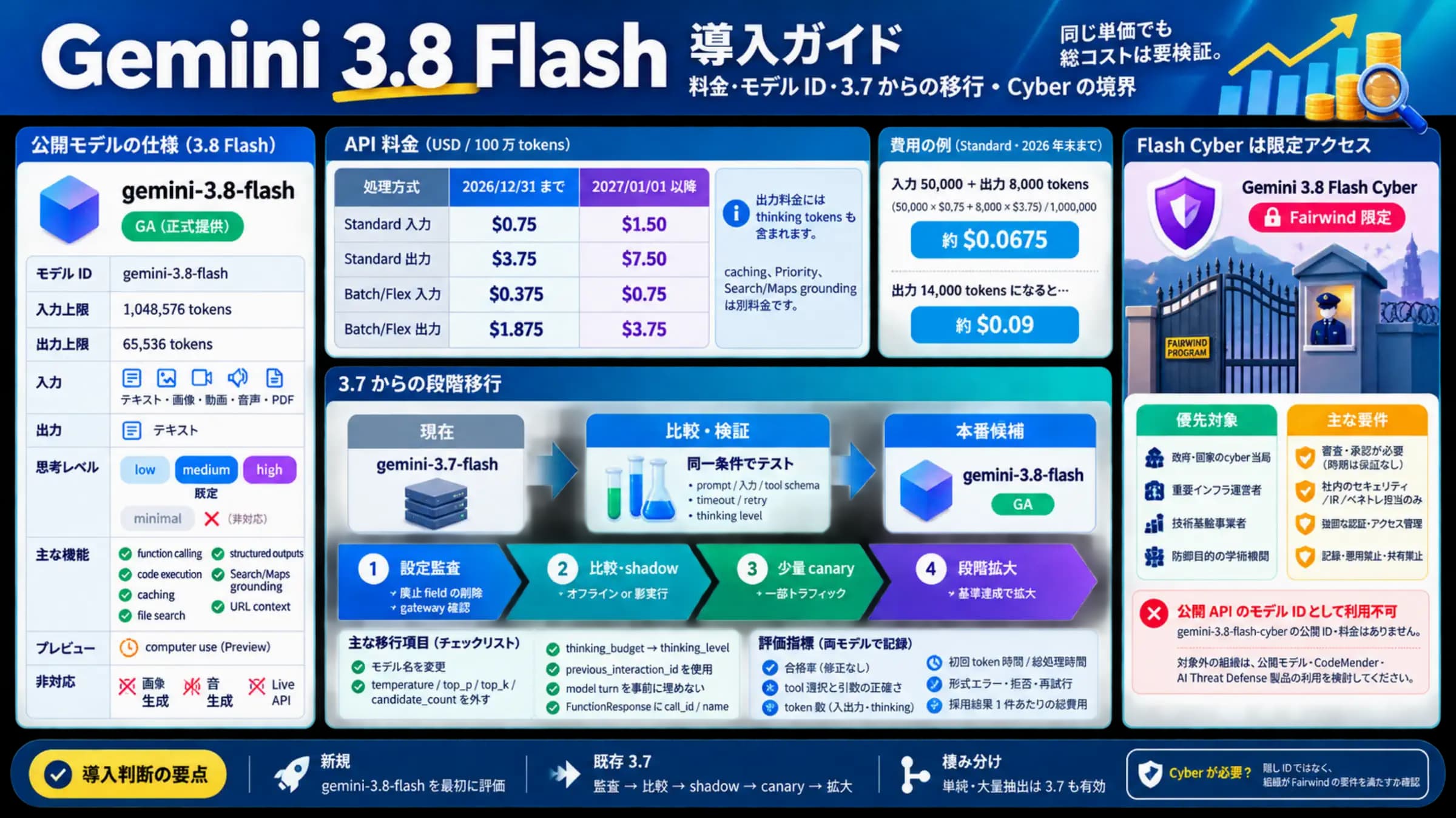 Gemini 3.8 Flash の料金確認から 3.7 の段階移行、Flash Cyber の利用条件までを示す判断図