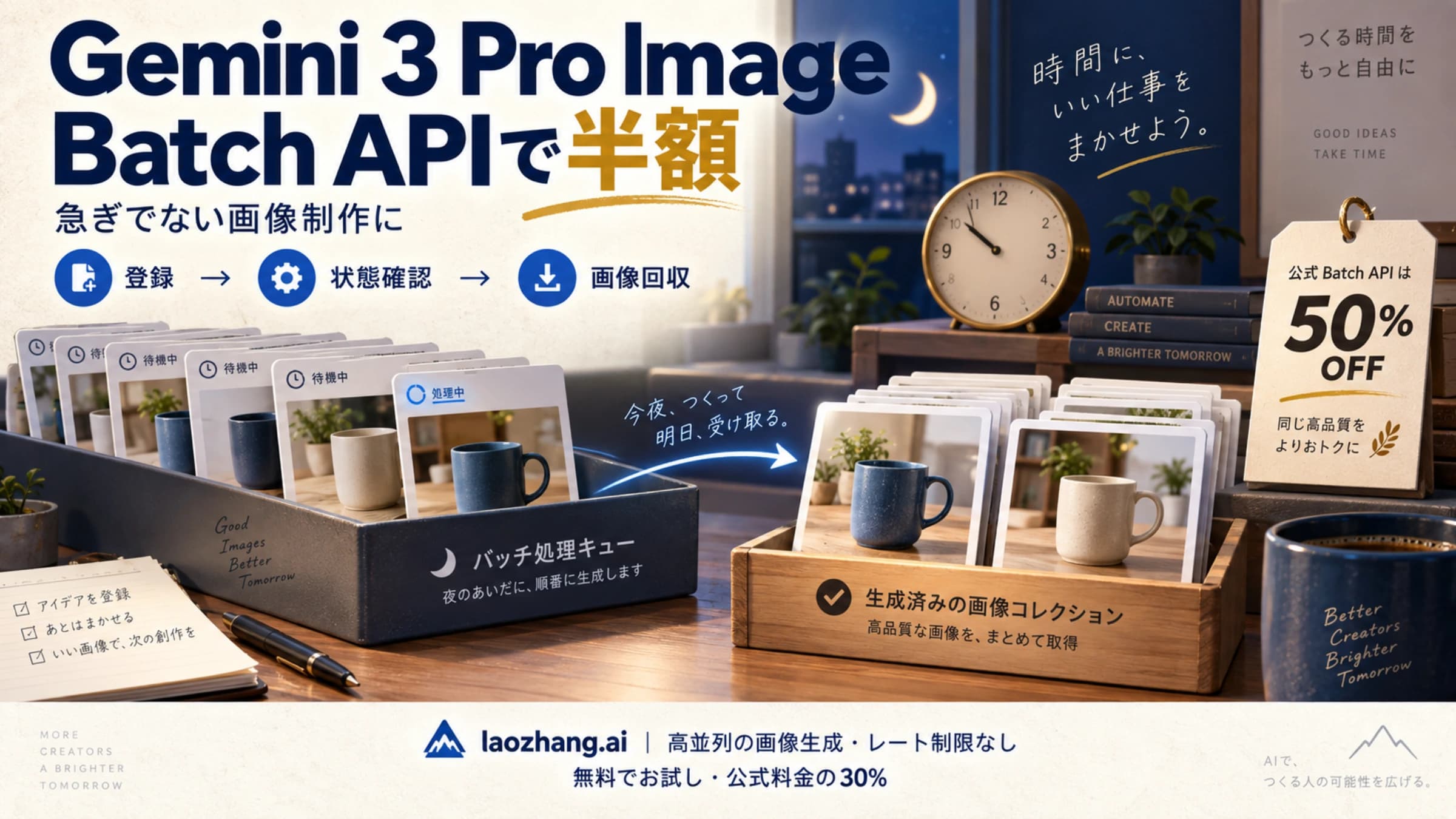 Gemini 3 Pro ImageのBatch APIで、急ぎでない画像制作をまとめて登録し回収するイメージ