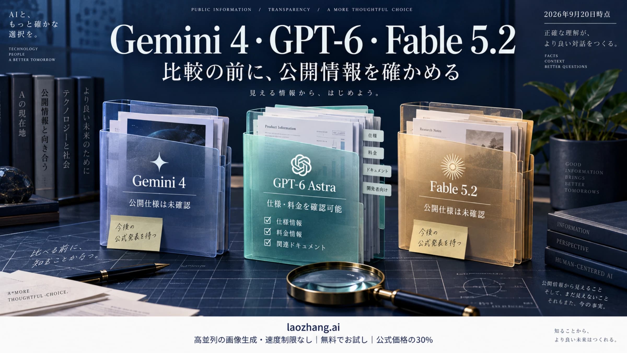 Gemini 4、GPT-6 Astra、Fable 5.2の報告を比較するため、公開情報を資料別に整理したイメージ