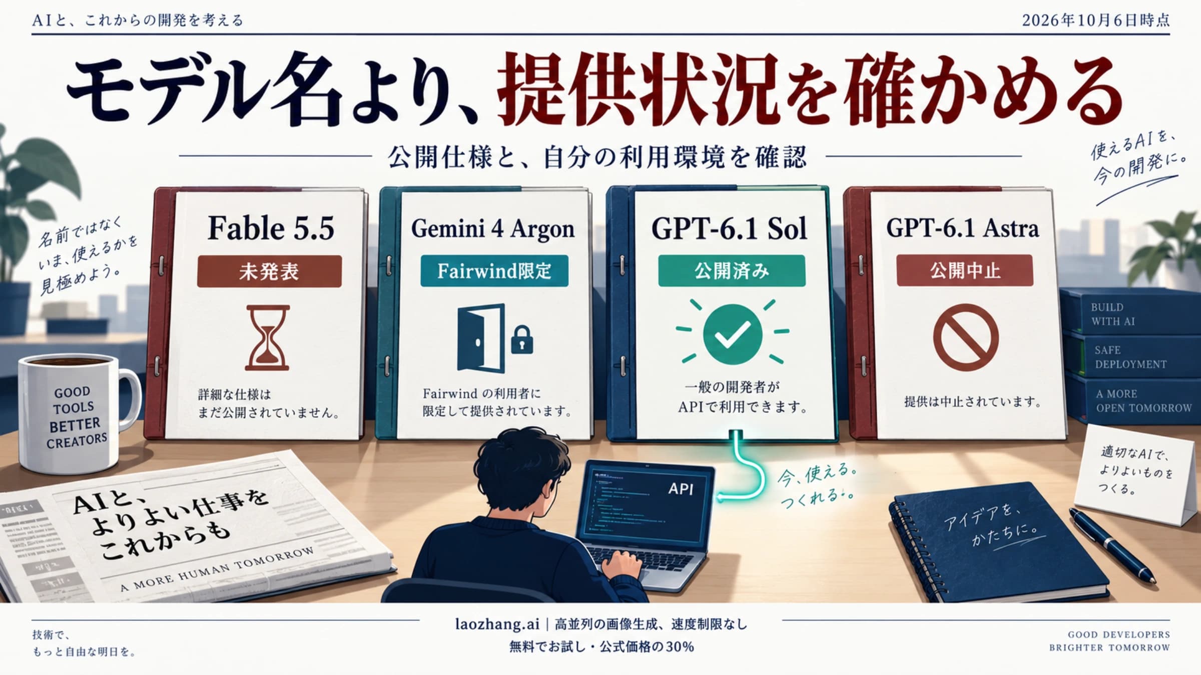 2026年10月6日時点で、Fable 5.5は未発表、Gemini 4 Argonは限定提供、GPT-6.1 Solは公開、Astraは公開中止と分ける図