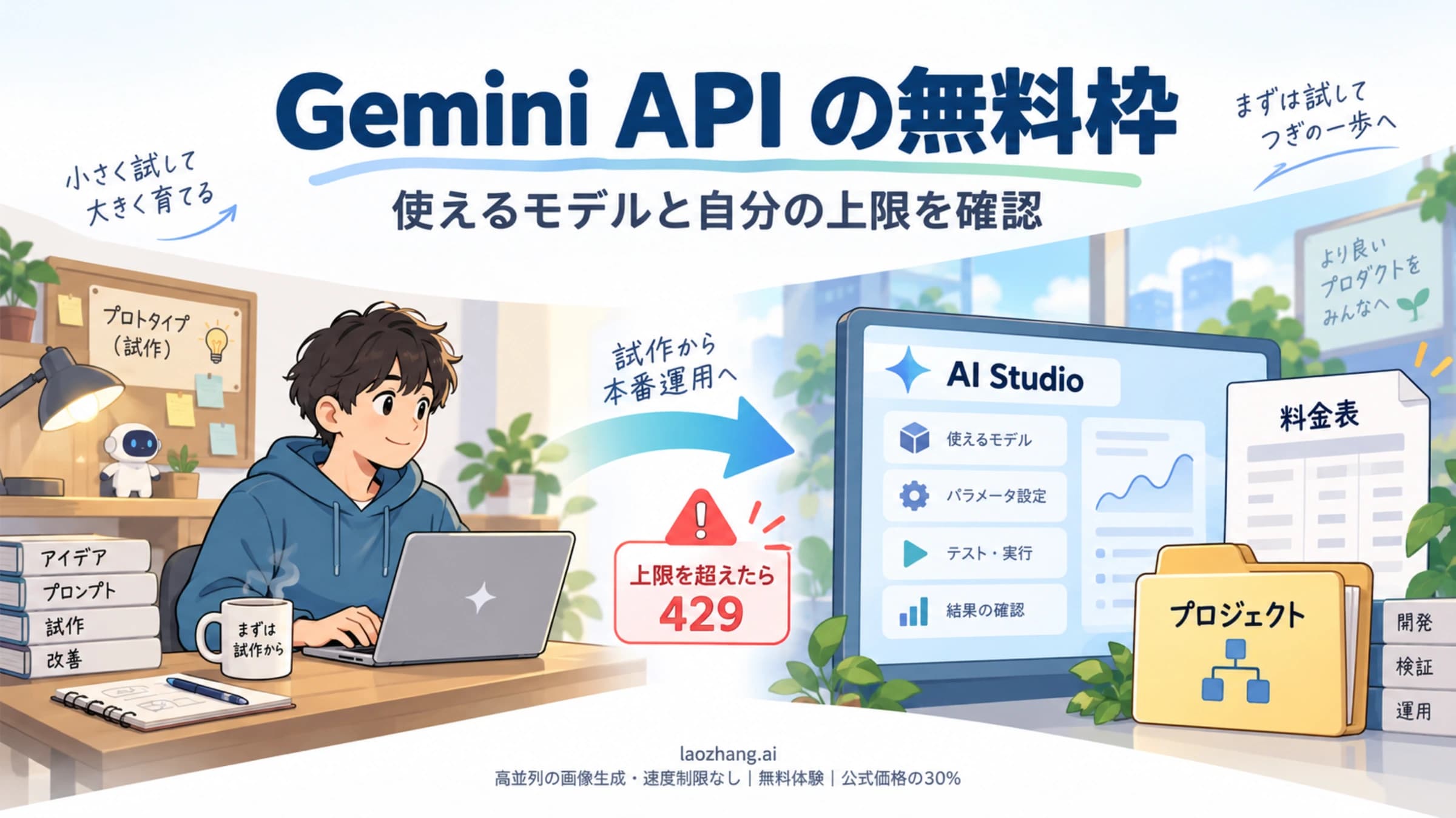 Gemini API の無料枠を使う前に料金表、AI Studio、プロジェクトの上限を確認する概念図