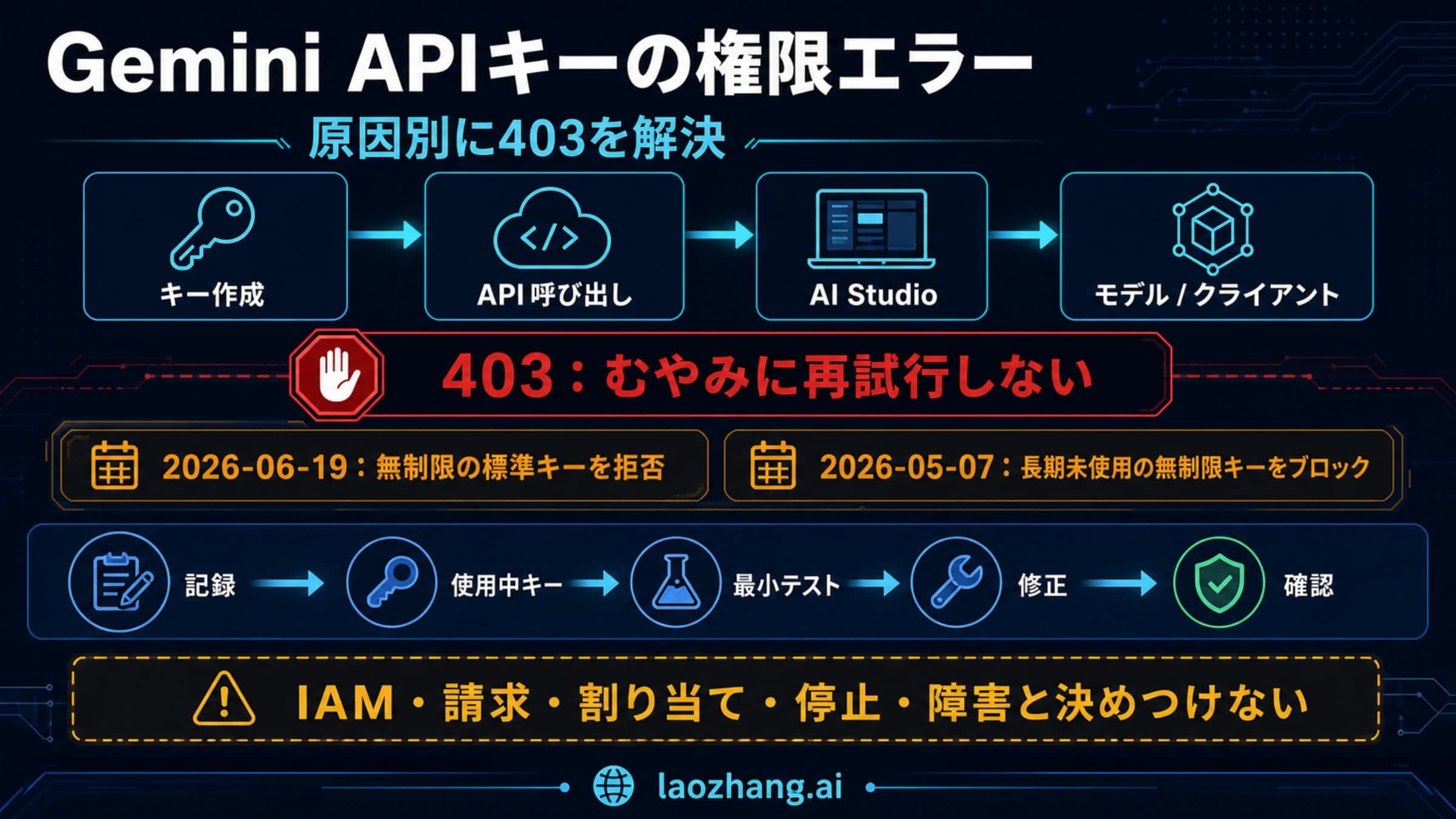 Gemini APIの403権限エラーを4つの失敗箇所に分け、再試行停止と2026年のキー変更を示す診断ボード