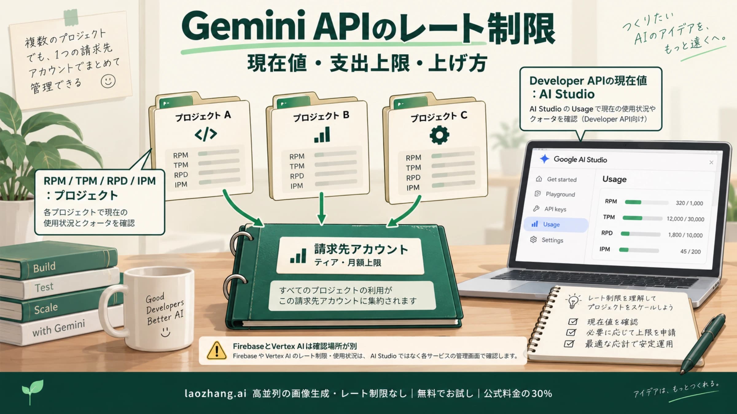 Gemini APIのレート制限をプロジェクトと請求先で確認する図