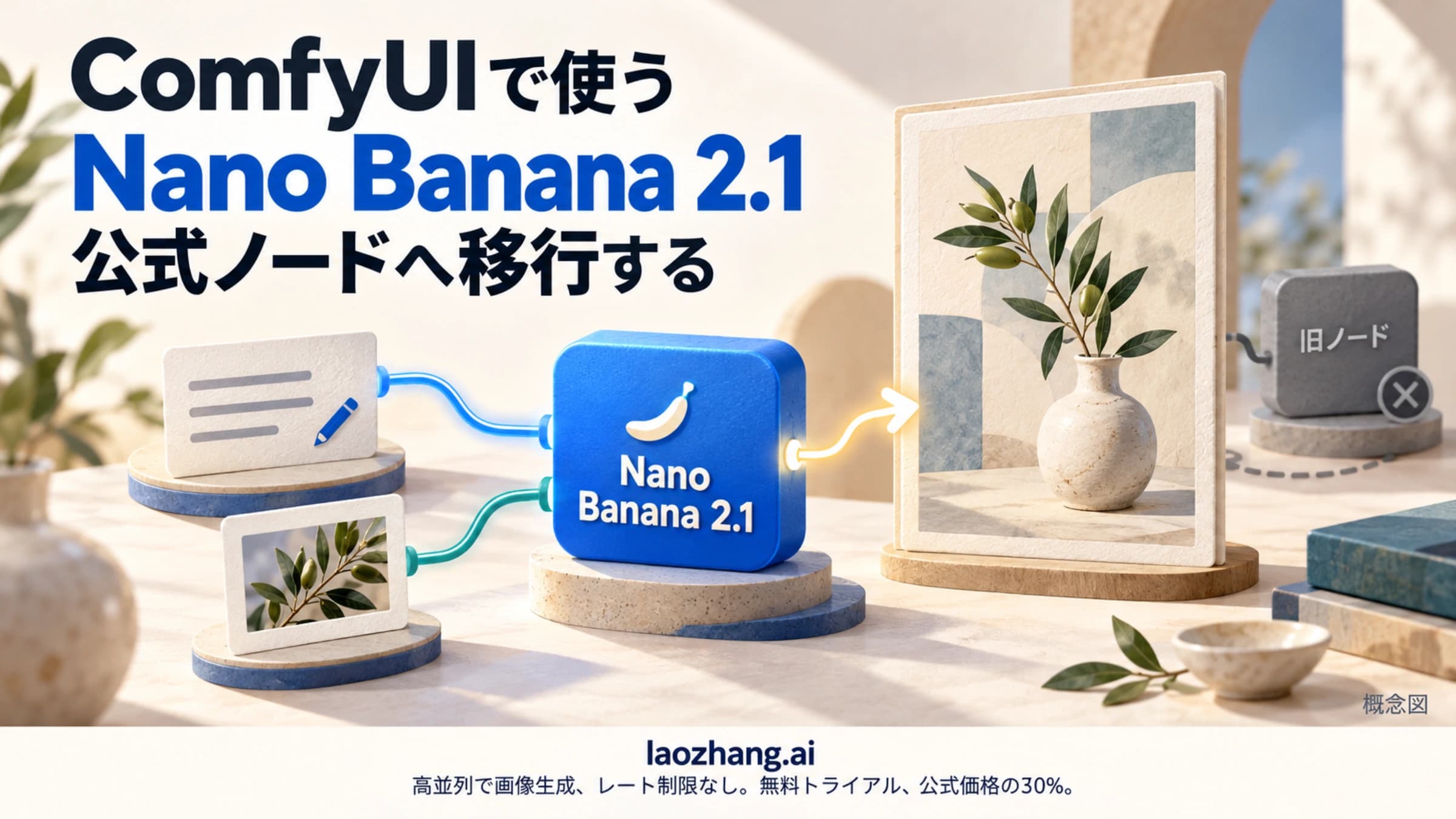 ComfyUIの公式Nano Banana 2.1ノードでプロンプトと参照画像を画像生成につなぐ概念図