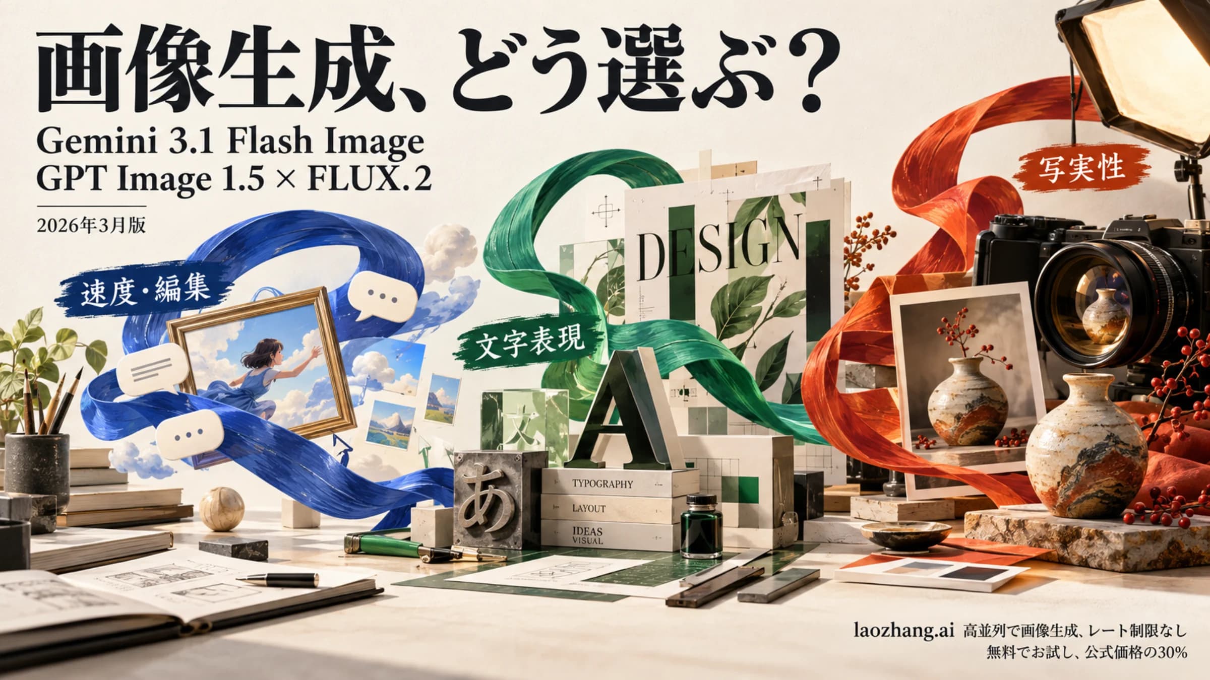 Gemini 3.1 Flash Image、GPT Image 1.5、FLUX.2を、速度・編集、文字表現、写実性の観点から選ぶための概念的な表紙。2026年3月版。