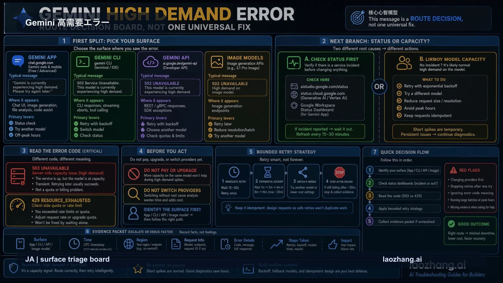 Gemini high demand エラーを App、CLI、API、画像プレビュー別に切り分ける判断ボード