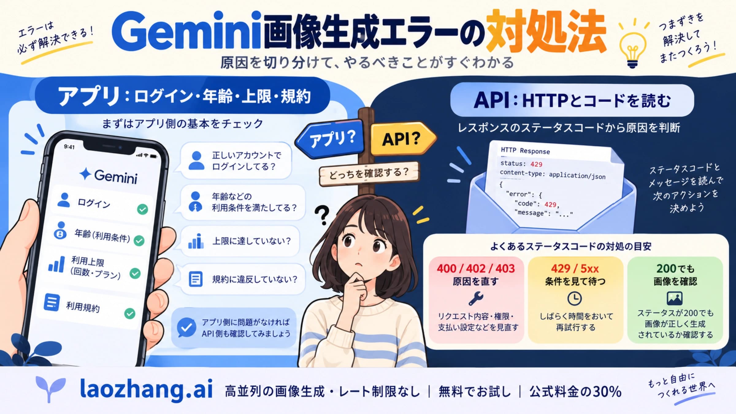 GeminiアプリとAPIの画像生成エラーを切り分けるイメージ