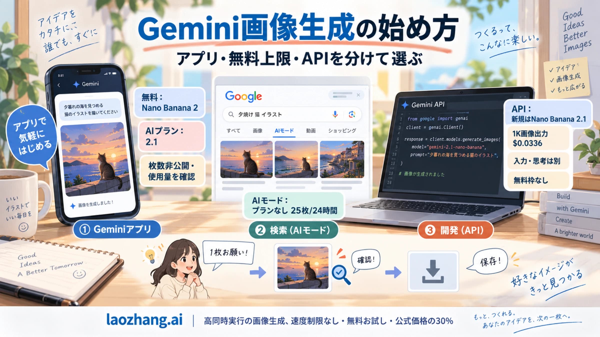 Geminiアプリ、検索のAIモード、APIを目的と利用条件で分け、作成から確認・保存へ進む概念図