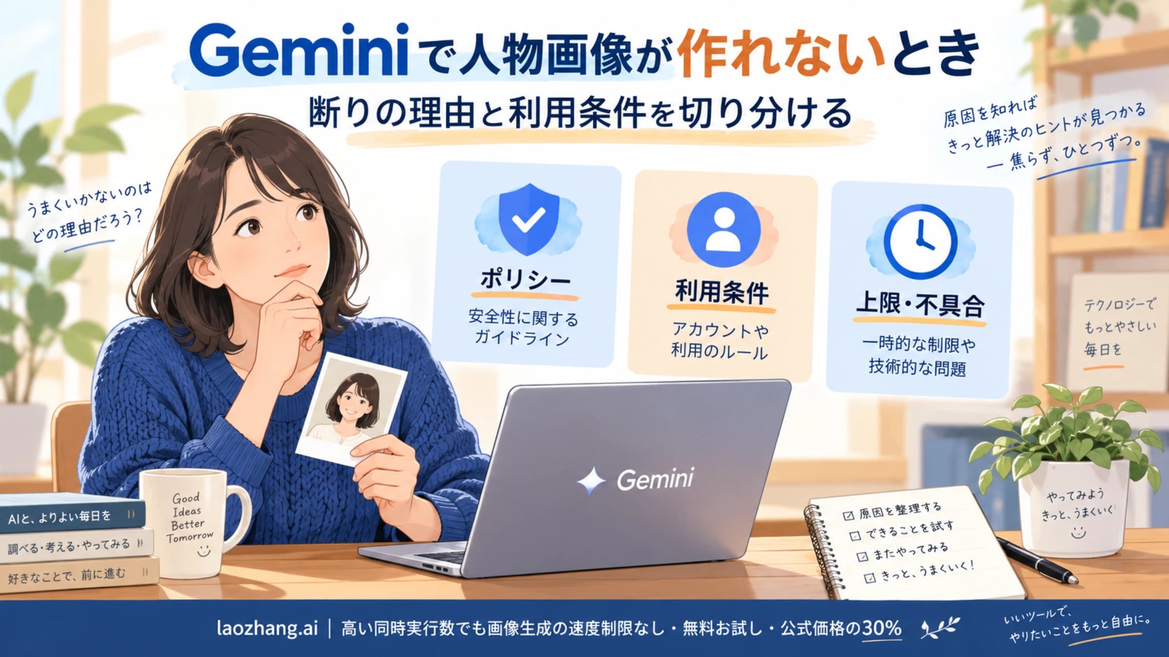 Geminiの人物画像が作れない原因をポリシー、利用条件、上限・不具合に分けるイメージ