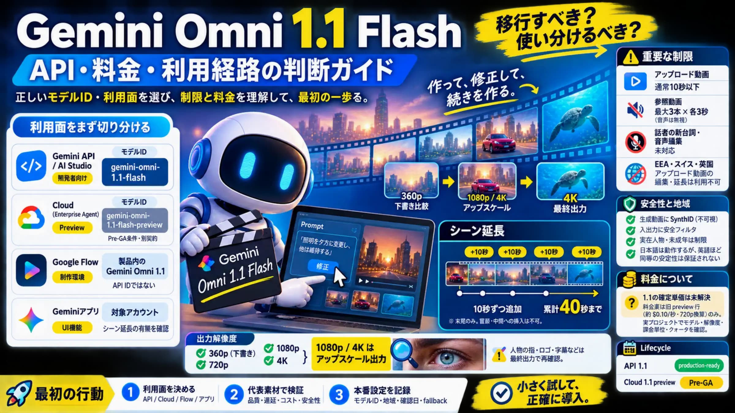 Gemini Omni 1.1 Flashの日本語判断ガイド。APIとCloud PreviewのモデルID、Flowとアプリ、360pから4Kの制作、40秒延長、地域・料金・lifecycleの違いを整理