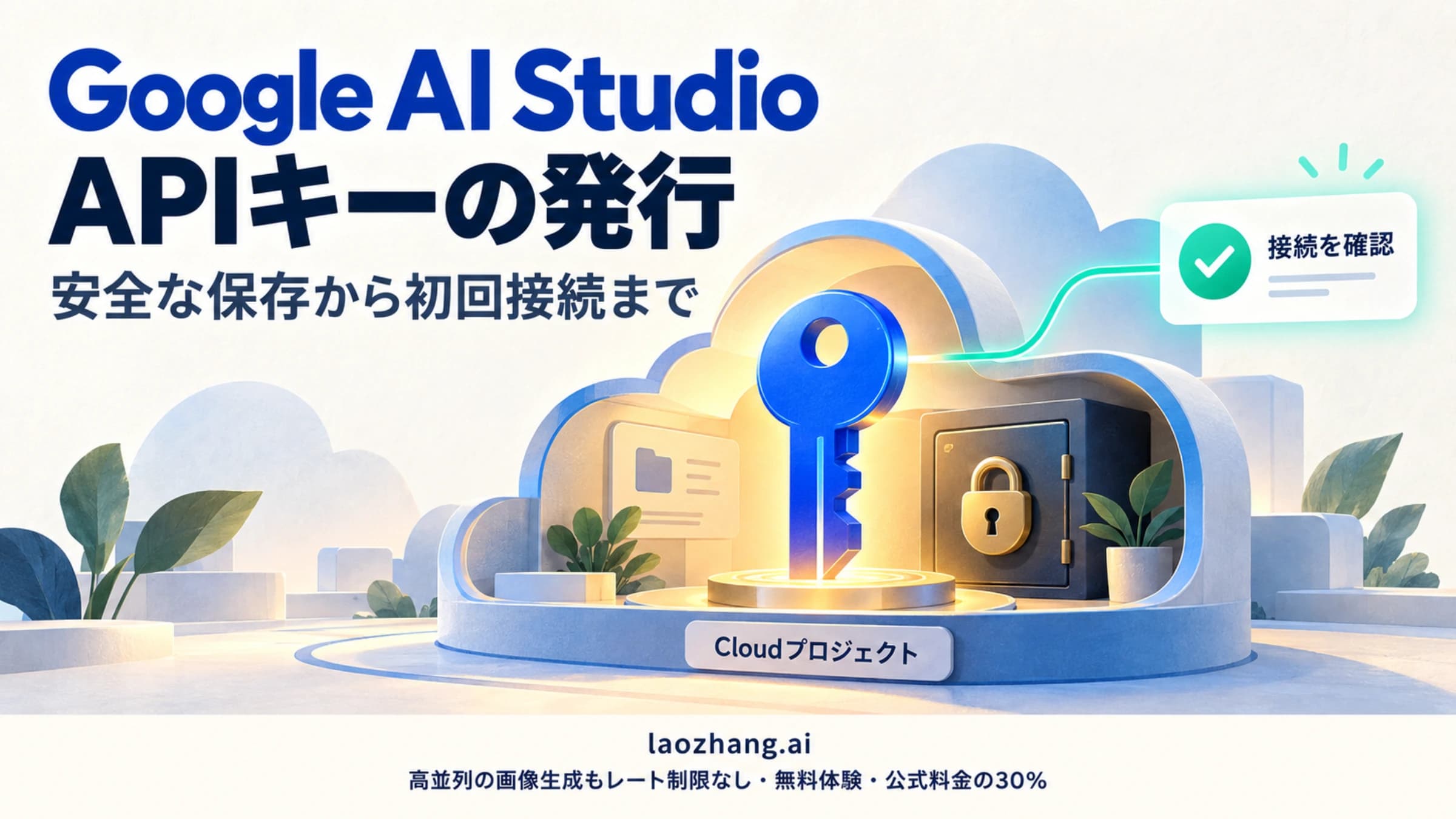 Cloudプロジェクトに属するAPIキーを安全に保管し、最初の接続を確認するイメージ