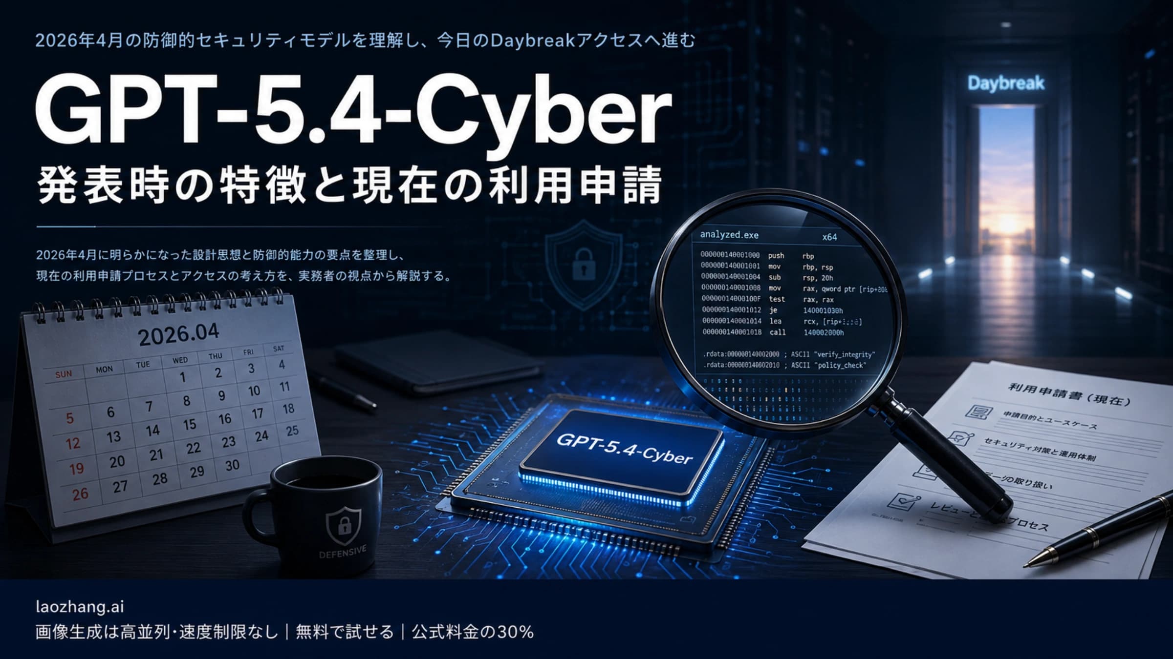 GPT-5.4-Cyberのバイナリ解析と、現在のDaybreak利用申請を表したイラスト