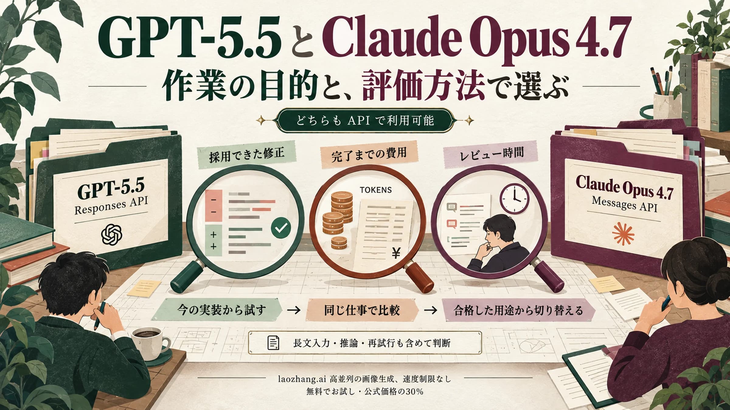 GPT-5.5とClaude Opus 4.7を、作業の目的と評価方法から比較する図