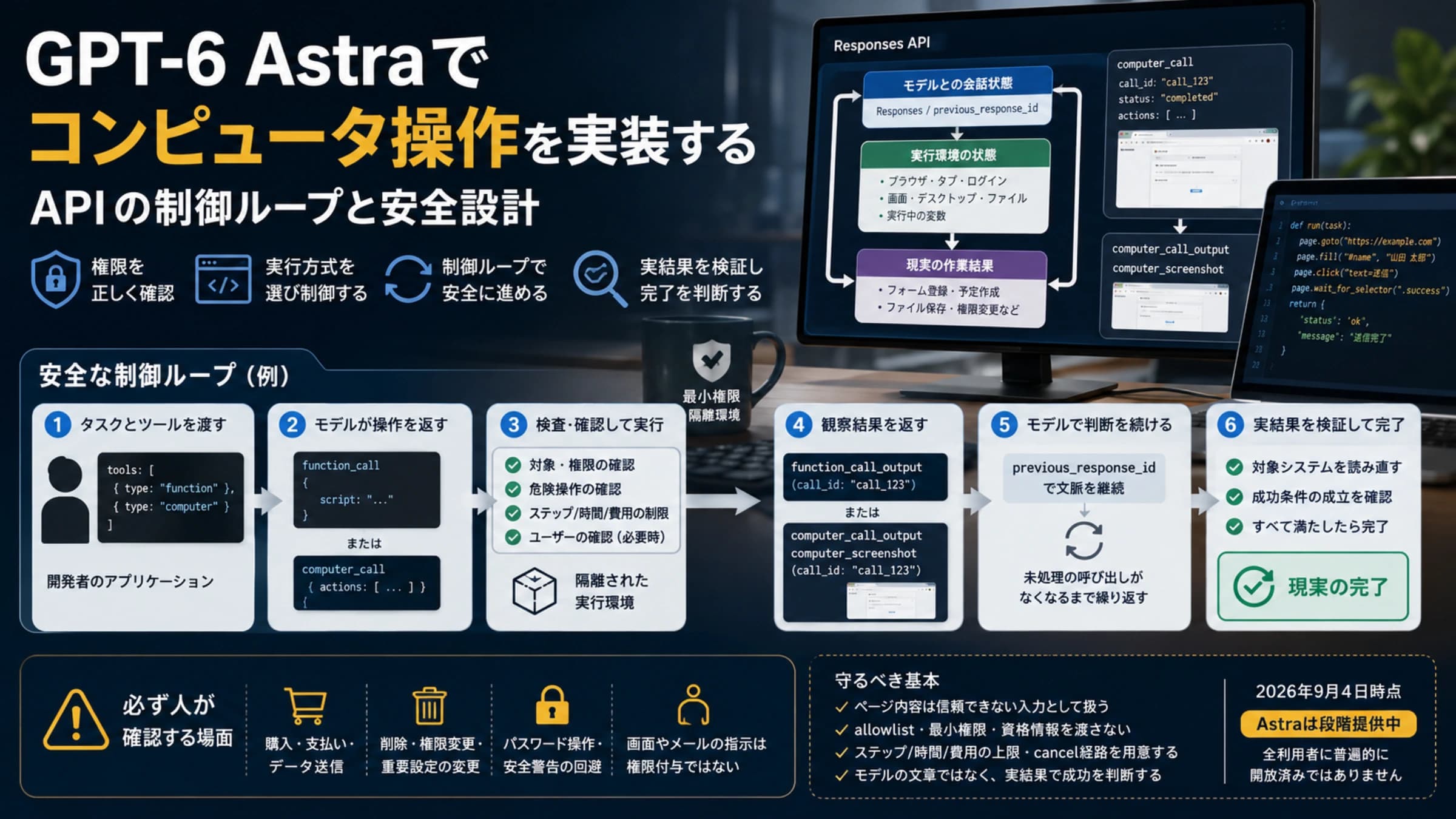 GPT-6 Astraのコンピュータ操作で、APIの制御ループと安全確認から実行結果の検証までを示す図