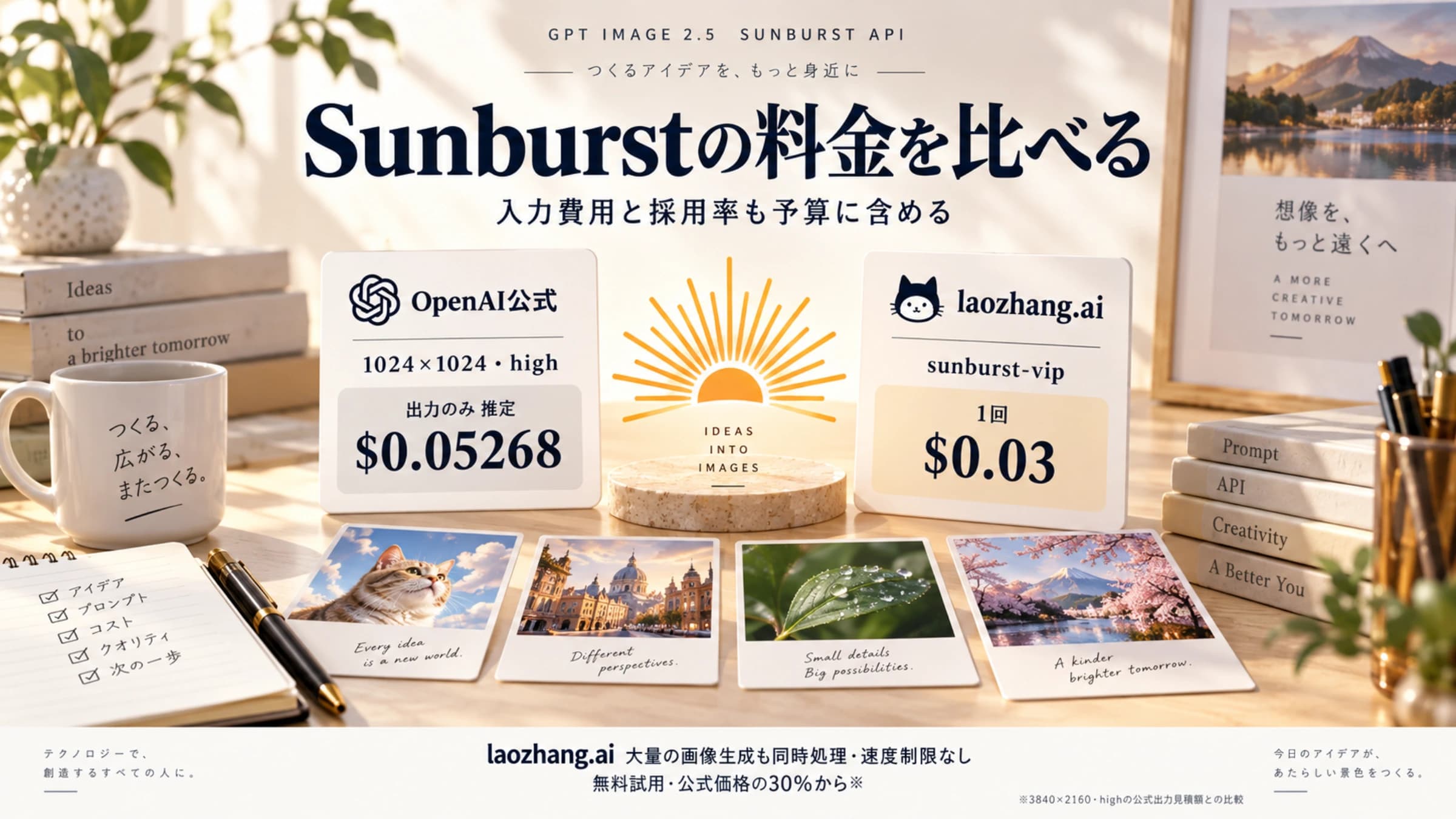 Sunburstの公式トークン料金とlaozhang.aiの1回ごとの料金を比較するイメージ