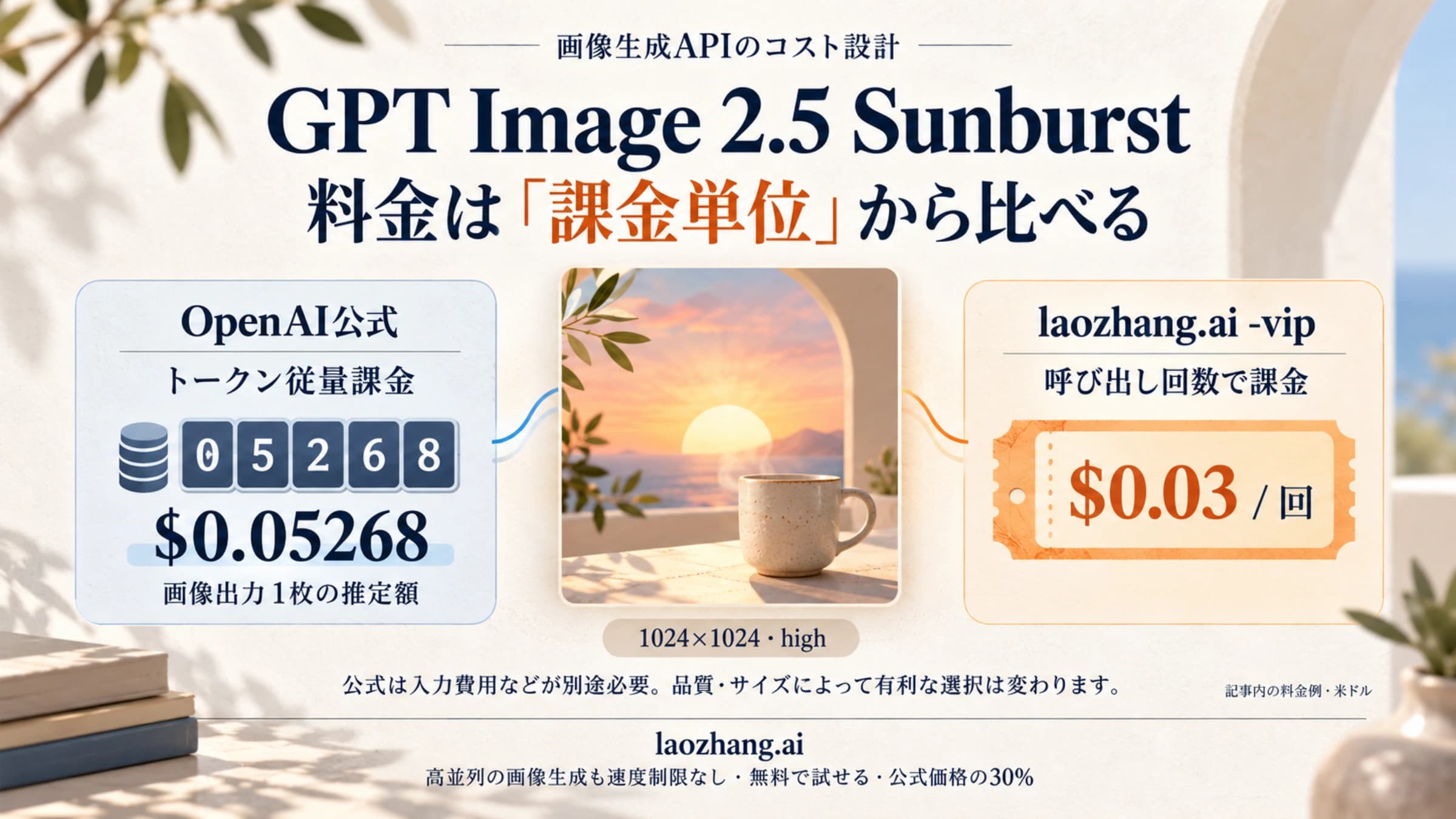 GPT Image 2.5 Sunburstの公式トークン従量課金とlaozhang.aiの1回ごとの料金を比較する図