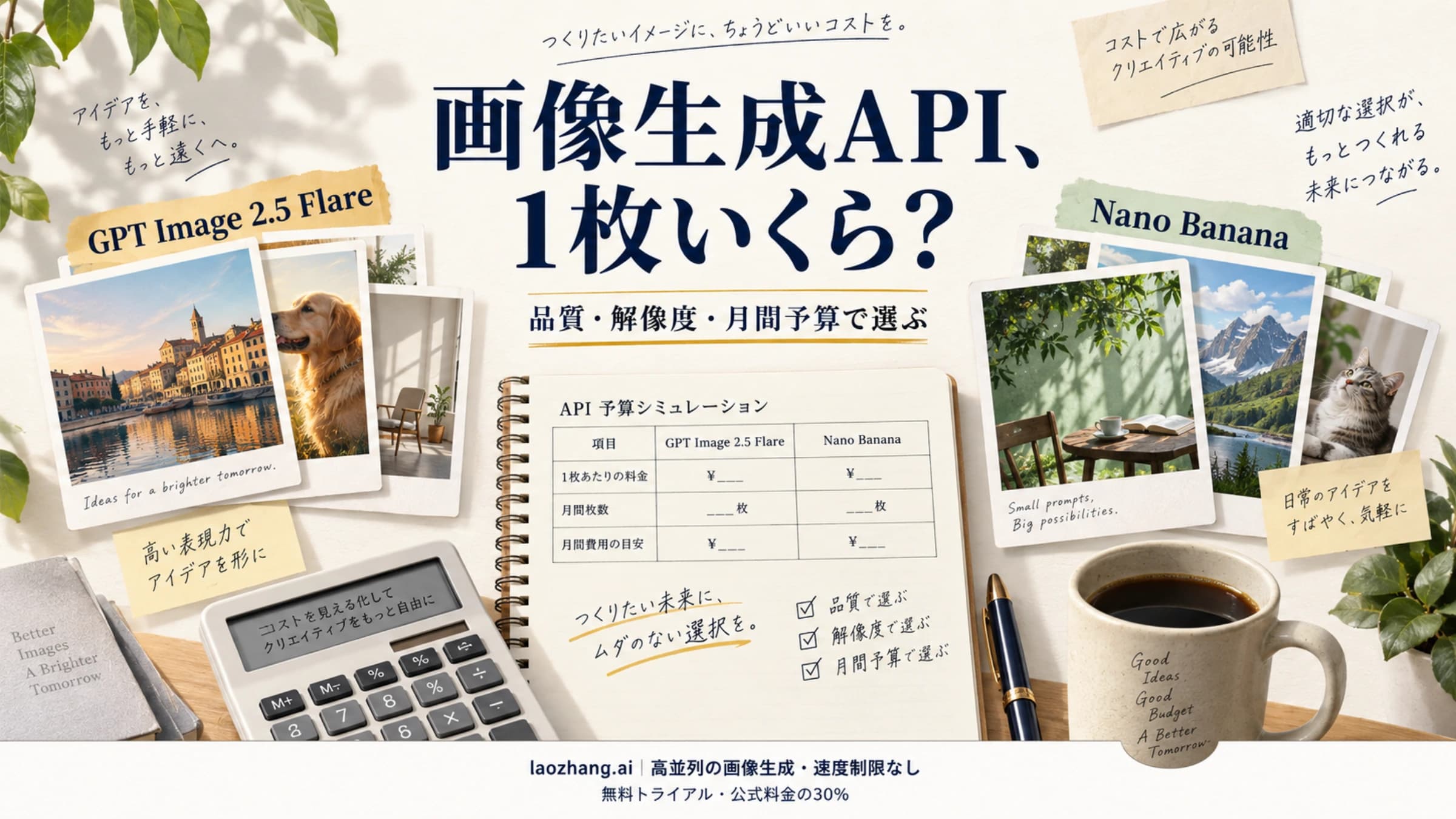 FlareとNano Bananaの画像カードをAPI予算帳で比較するイメージ