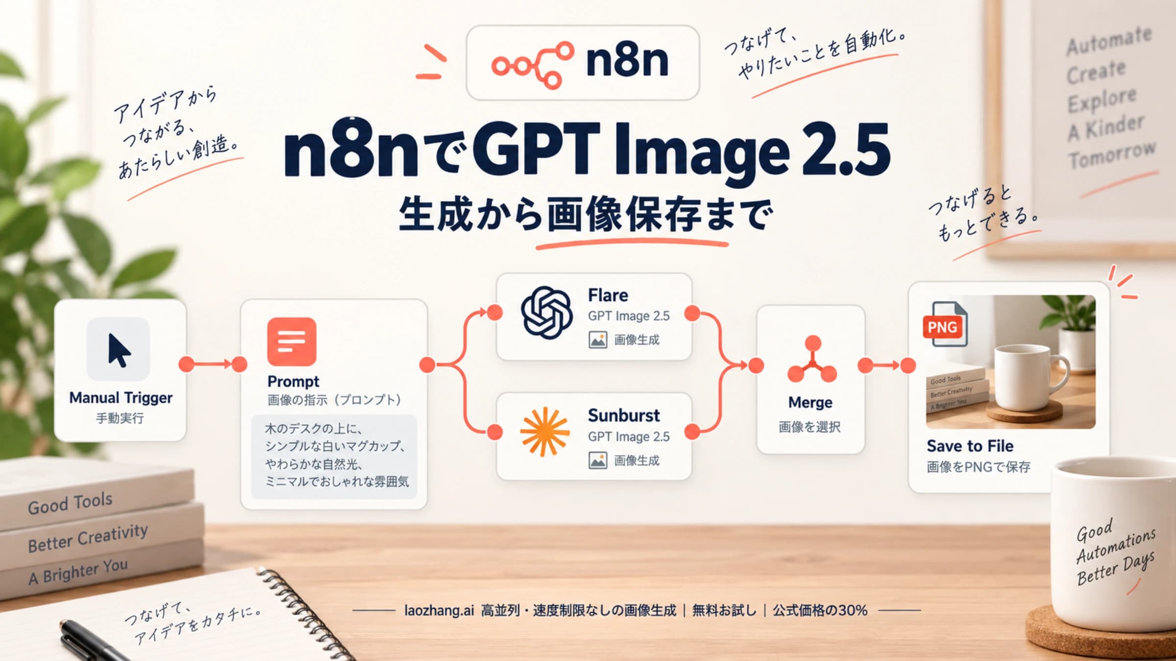 n8nの画像生成ノードからPNGの保存へ進む流れを表した図解