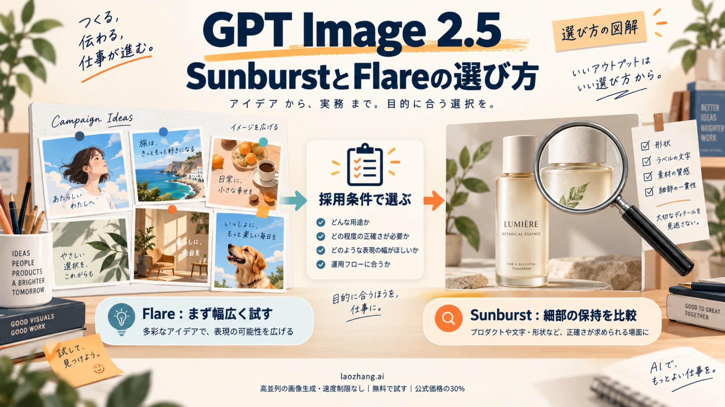 Flareで複数の案を作り、Sunburstと商品画像の細部の保ち方を比べる図解