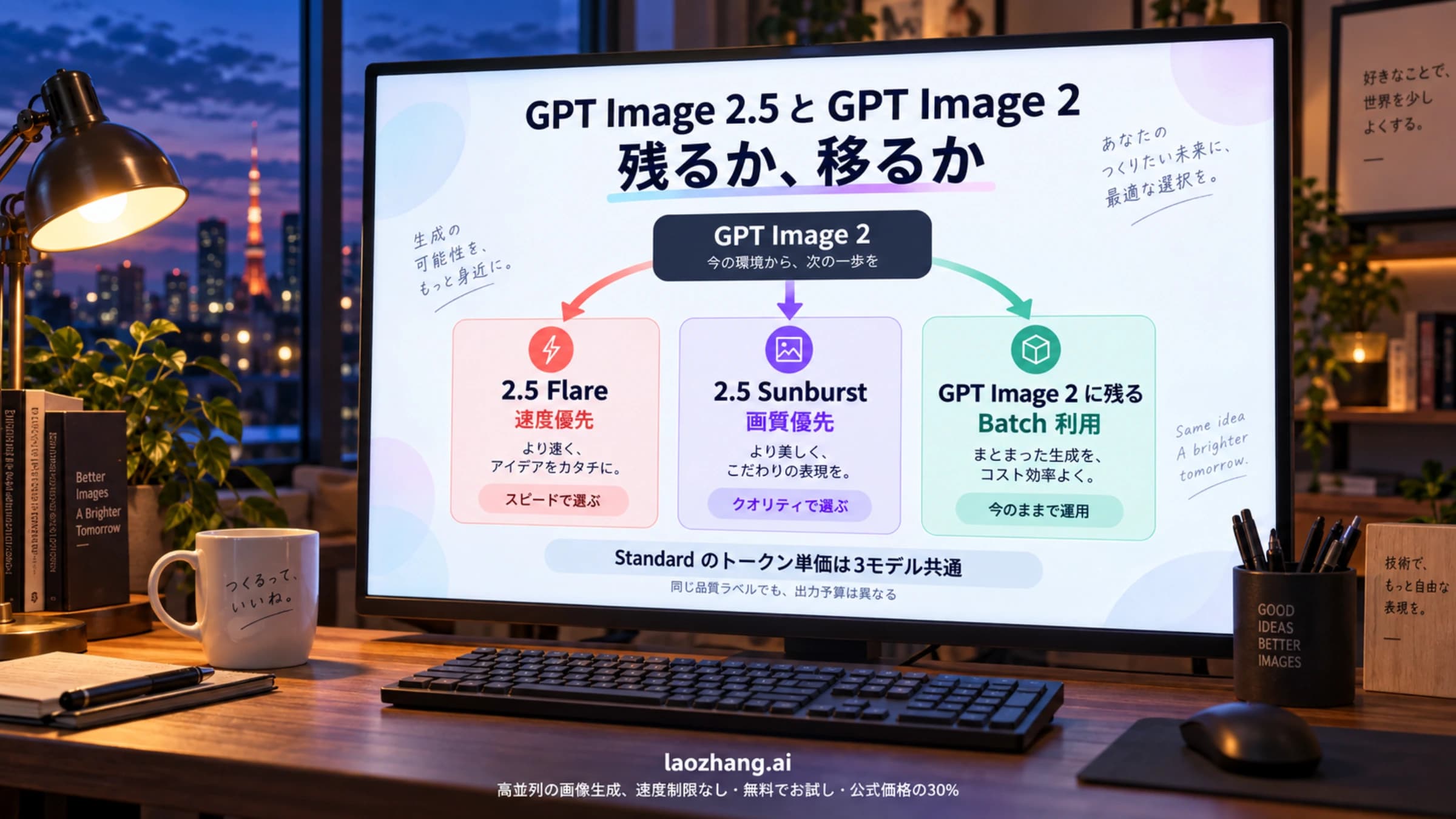夕方のデスクのモニターに映る「残るか、移るか」の図。GPT Image 2から2.5 Flare(速度優先)、2.5 Sunburst(画質優先)、GPT Image 2に残る(Batch利用)の3方向に分岐し、トークン単価は3モデル共通と示す