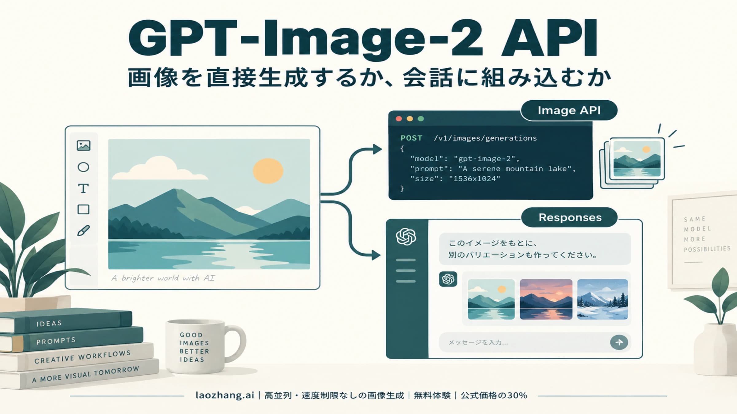 GPT-Image-2で画像を直接生成するImage APIと会話に組み込むResponsesの概念図