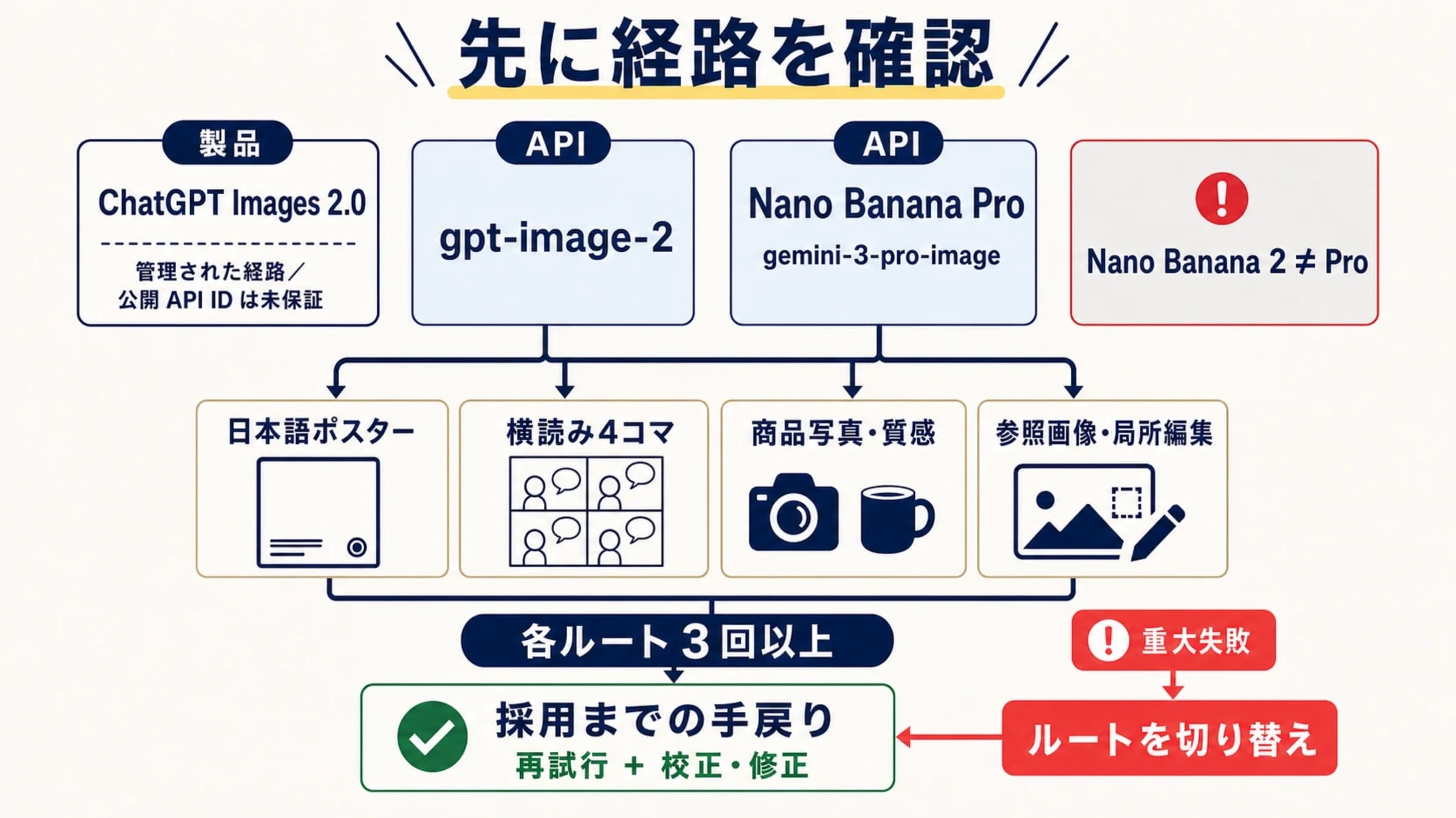 ChatGPT、GPT Image 2 API、Nano Banana Proと日本語アセットの採用判定を分けた比較図