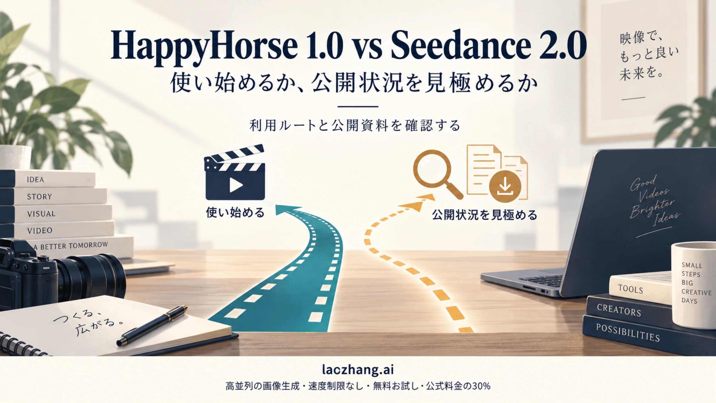 HappyHorse 1.0とSeedance 2.0について、利用を始める道と公開資料を確認する道を示す概念図