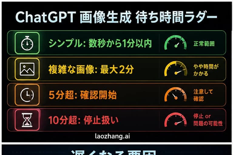 ChatGPT 画像生成の待ち時間ラダー。単純、複雑、5分超、10分超のしきい値を示す