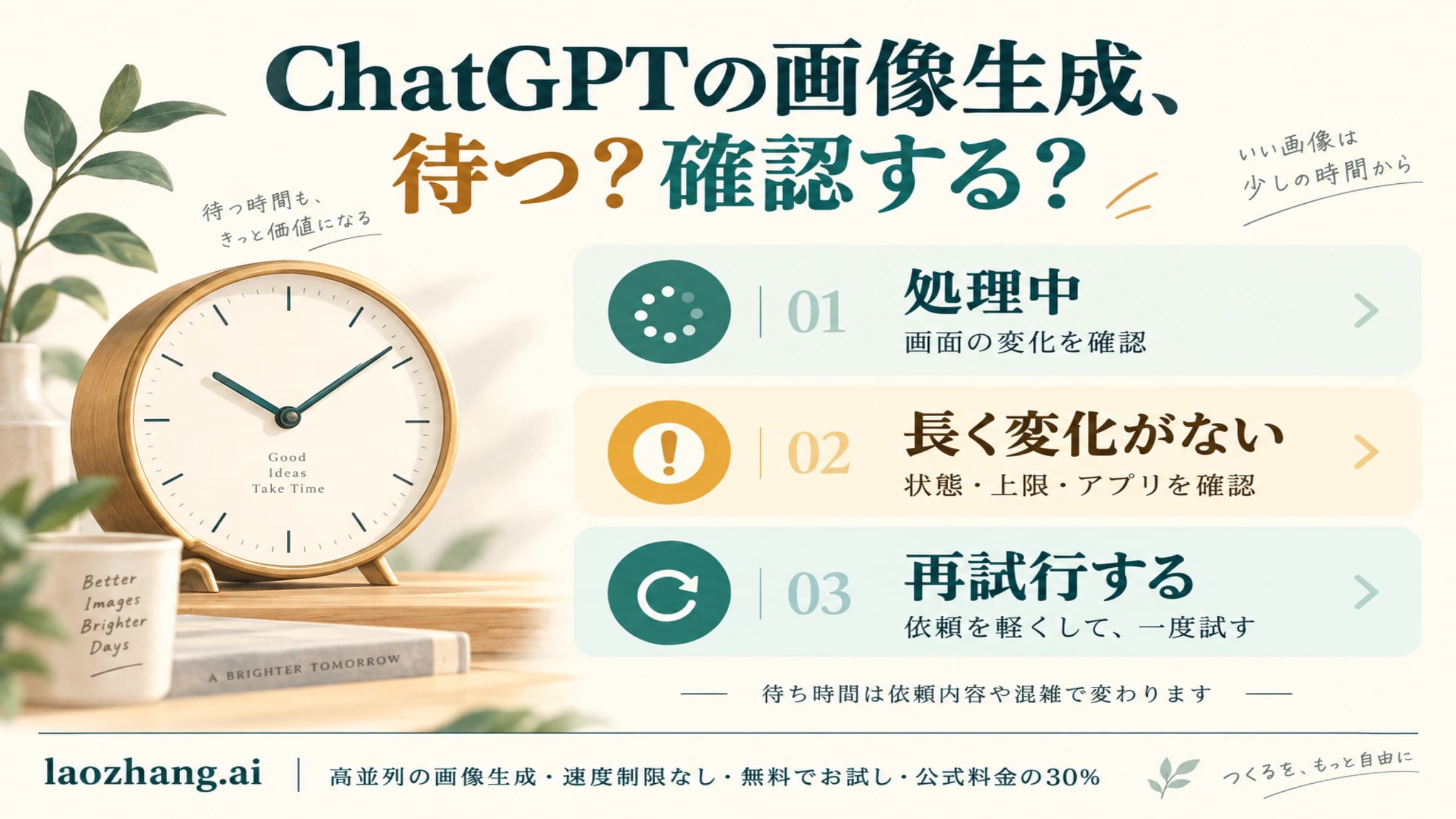 ChatGPTの画像生成で待機、確認、再試行を判断する概念図