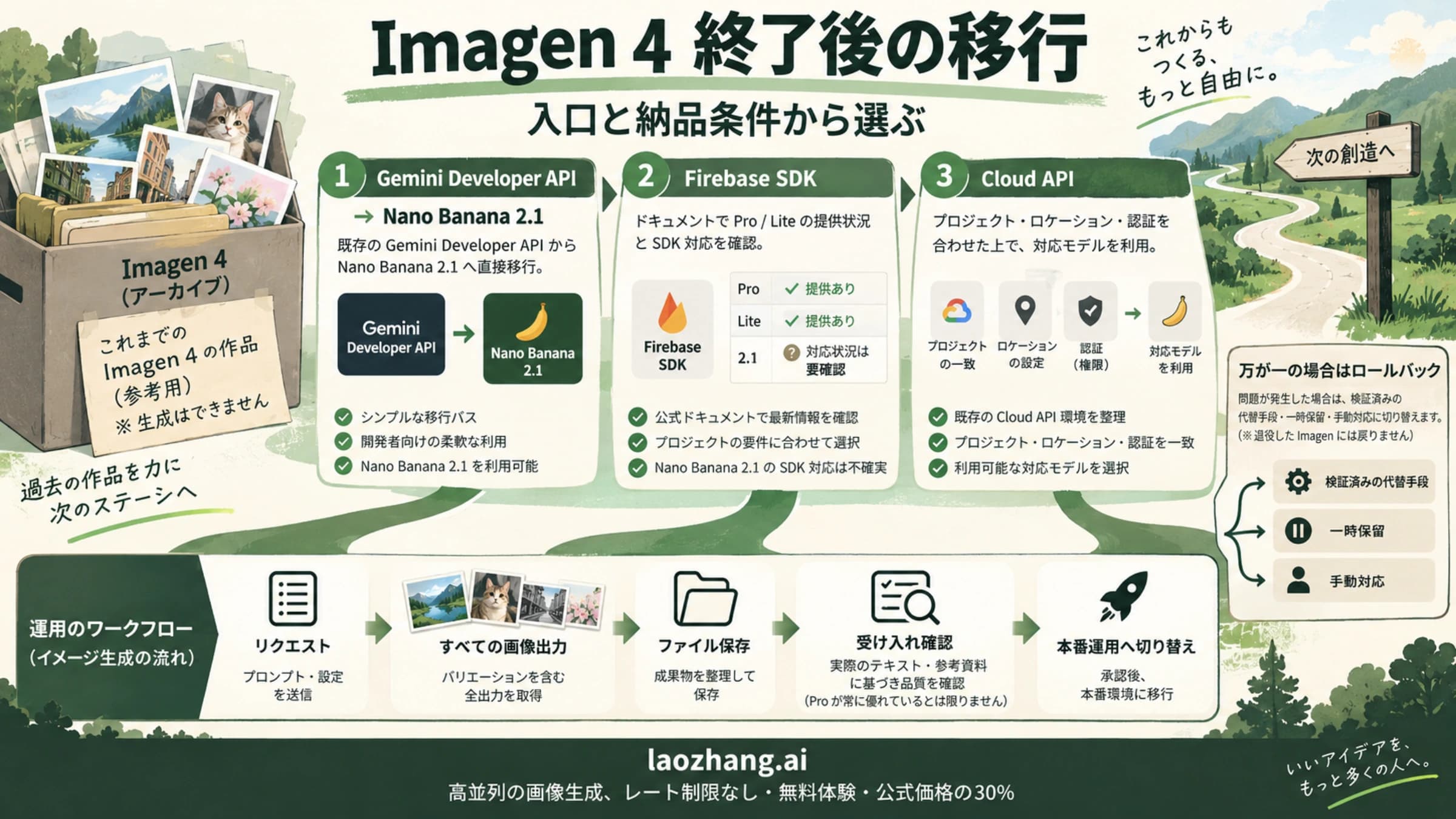 Imagen 4の保存済み成果物を基準に、APIとSDKの対応を確認して新画像モデルへ移行する図