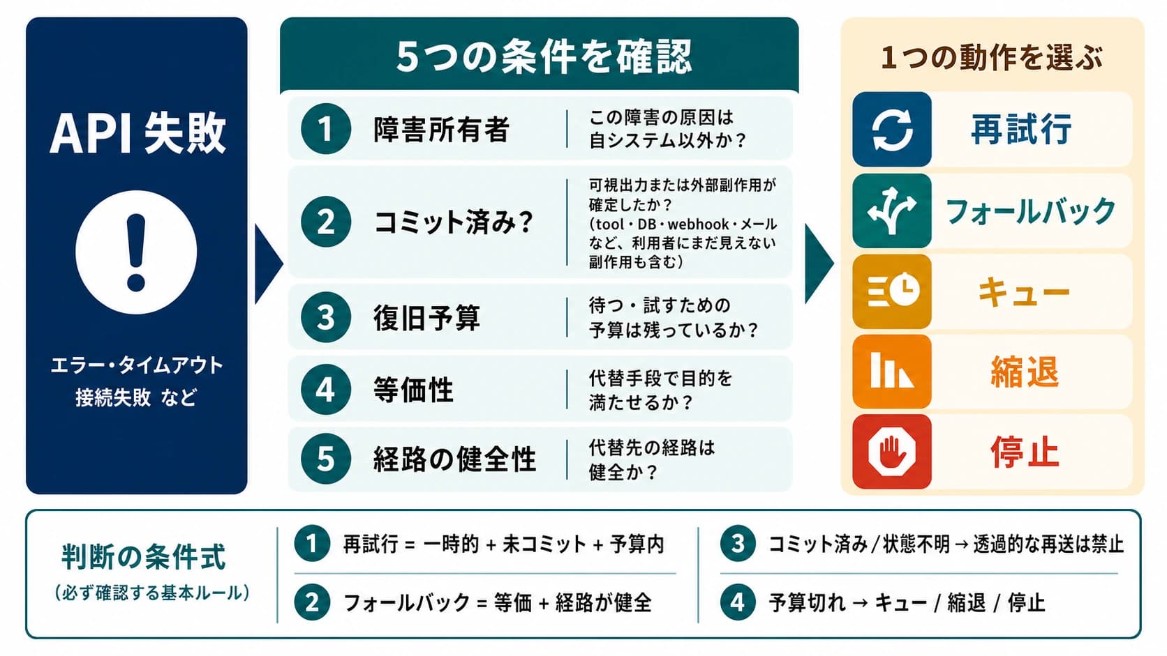 LLM API の障害が所有者、コミット状態、復旧予算、代替経路の等価性、経路の健全性という5項目を通り、再試行、フォールバック、キュー、縮退、停止に分岐する図。