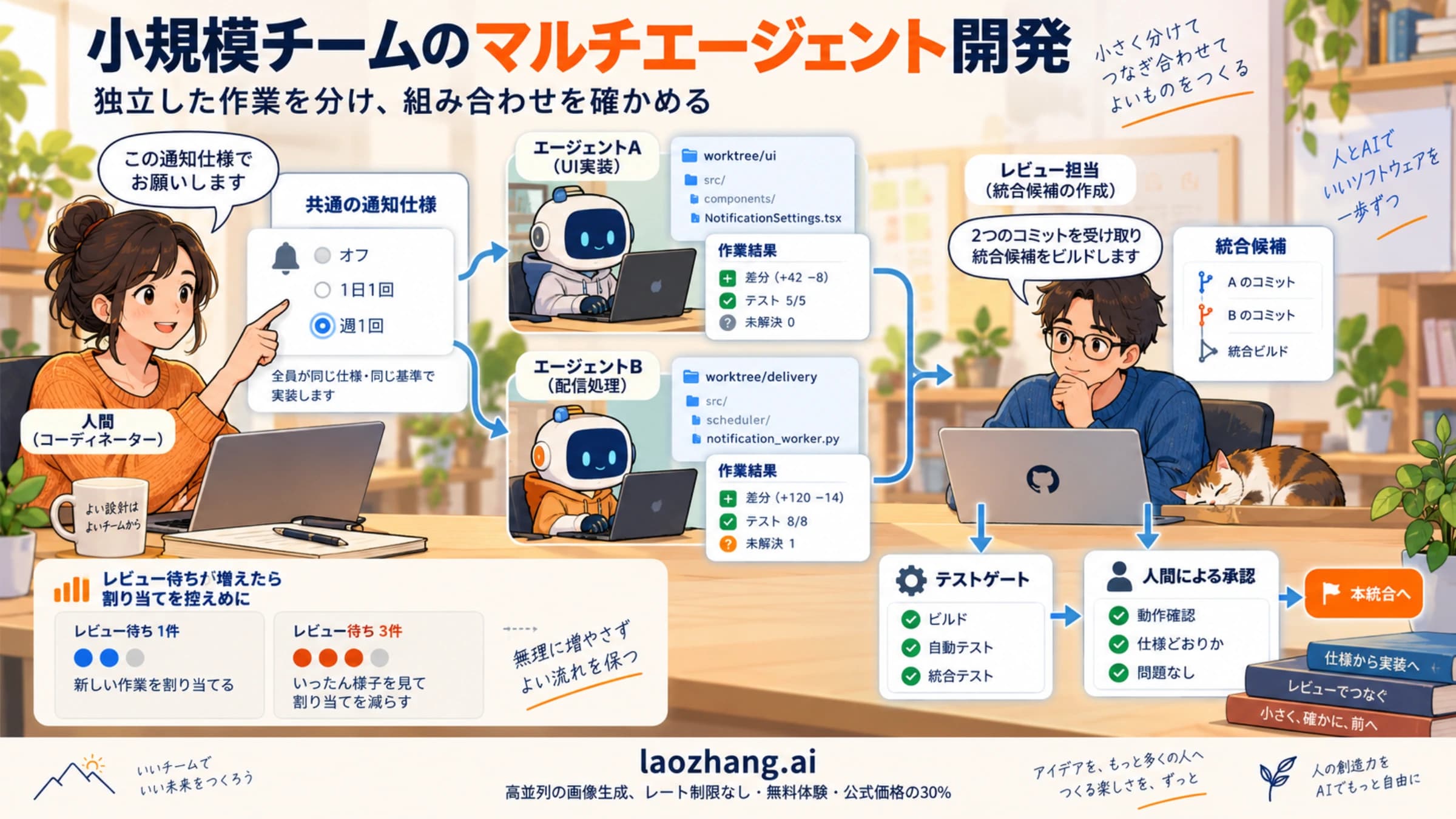 共通仕様から別worktreeへ独立した作業を渡し、統合候補を検証して採用する概念図