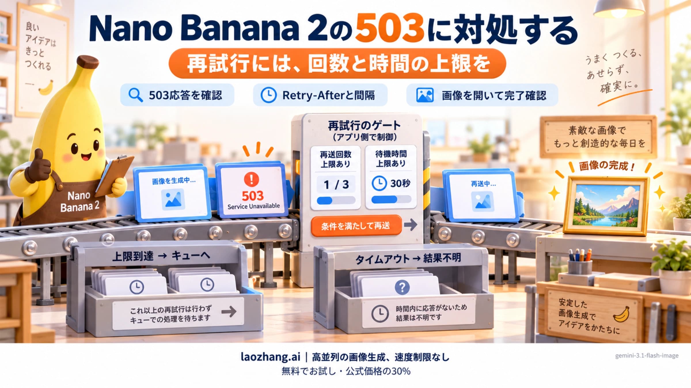 Nano Banana 2の確認済み503に上限付きで再試行し、画像取得・保留・結果不明を分ける図