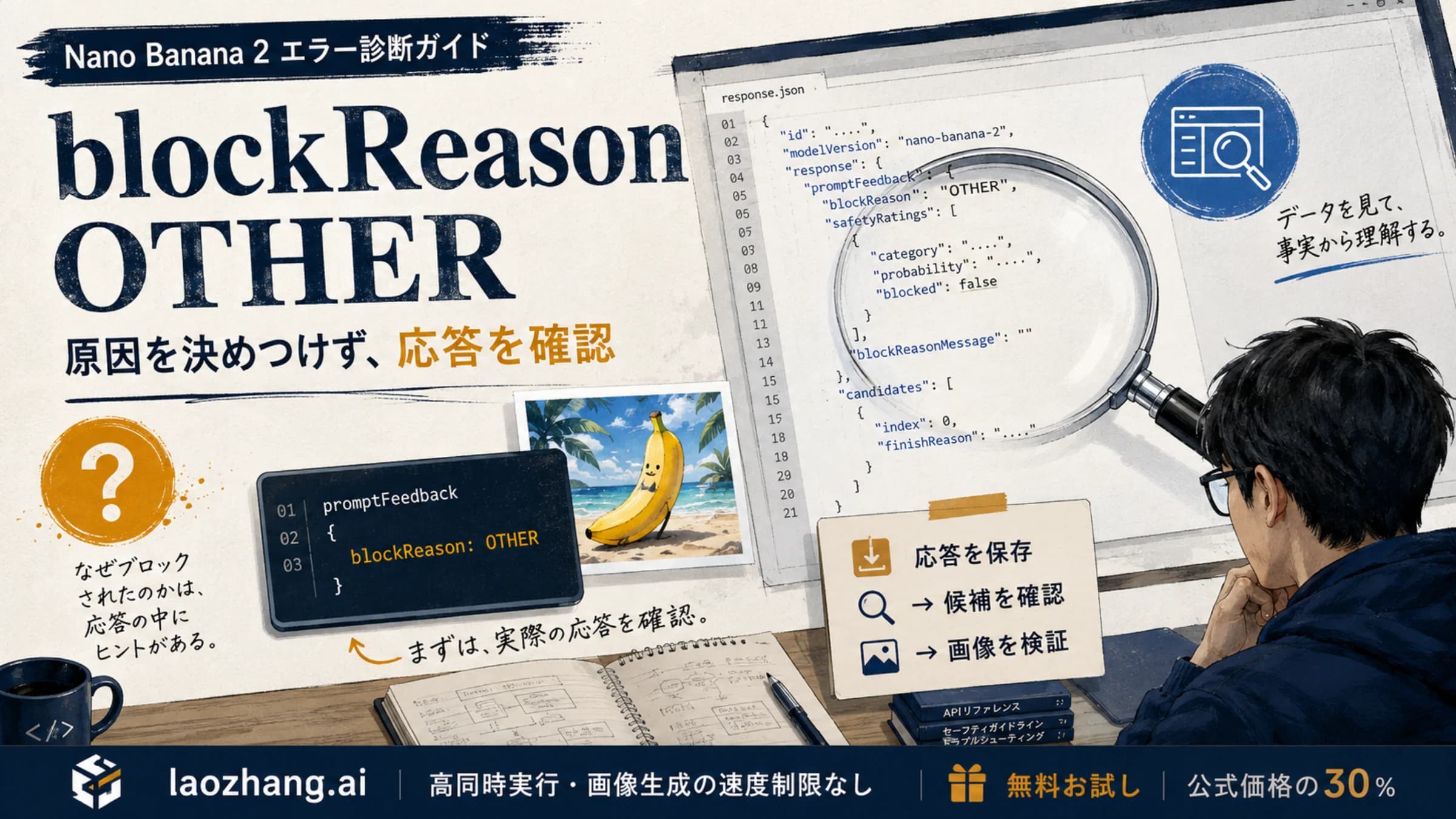 OTHERが返った応答JSONを拡大して確認し、候補と画像データを調べる開発者