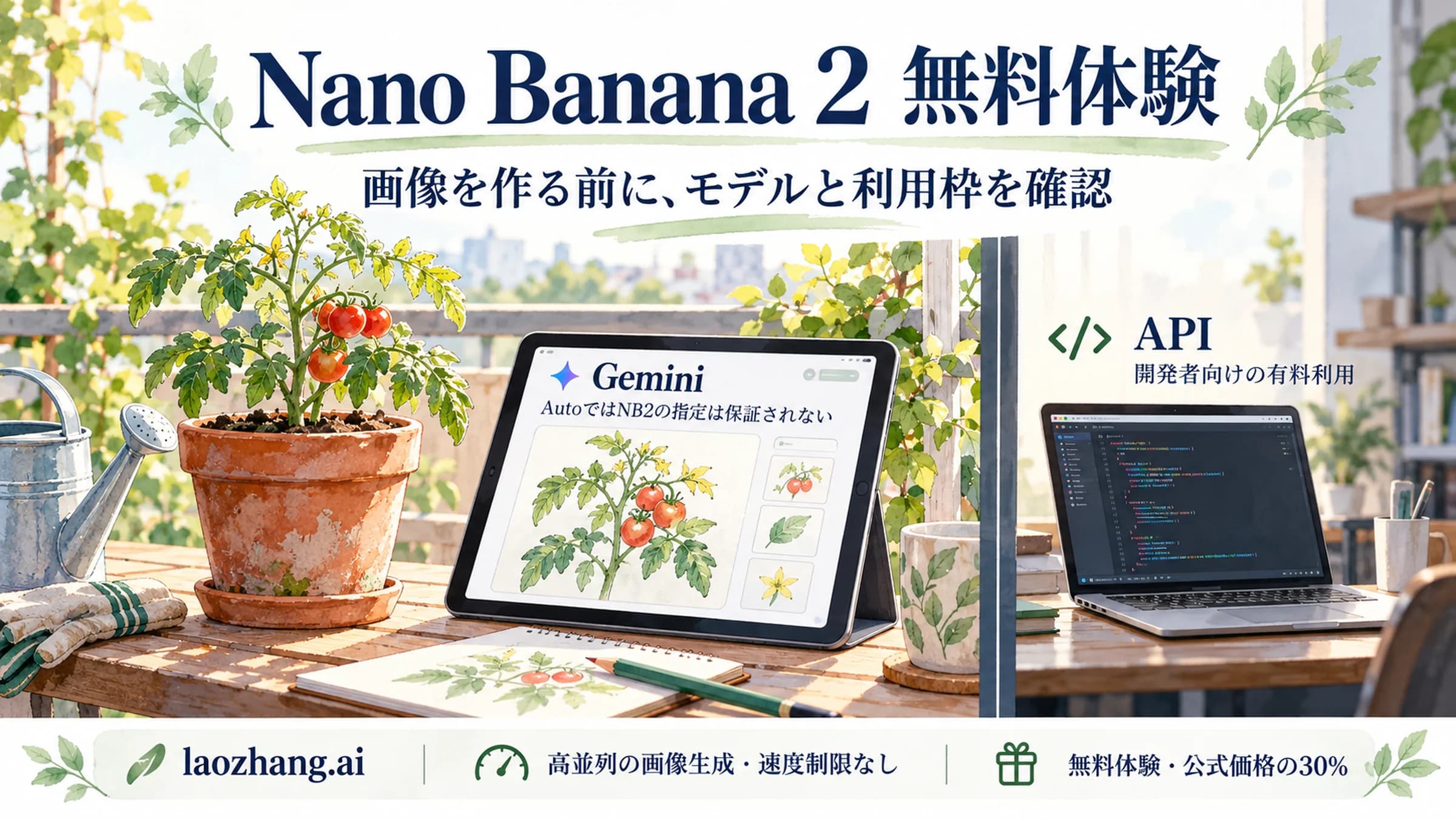 Nano Banana 2の無料体験と、利用するサービスごとの違いを示す図