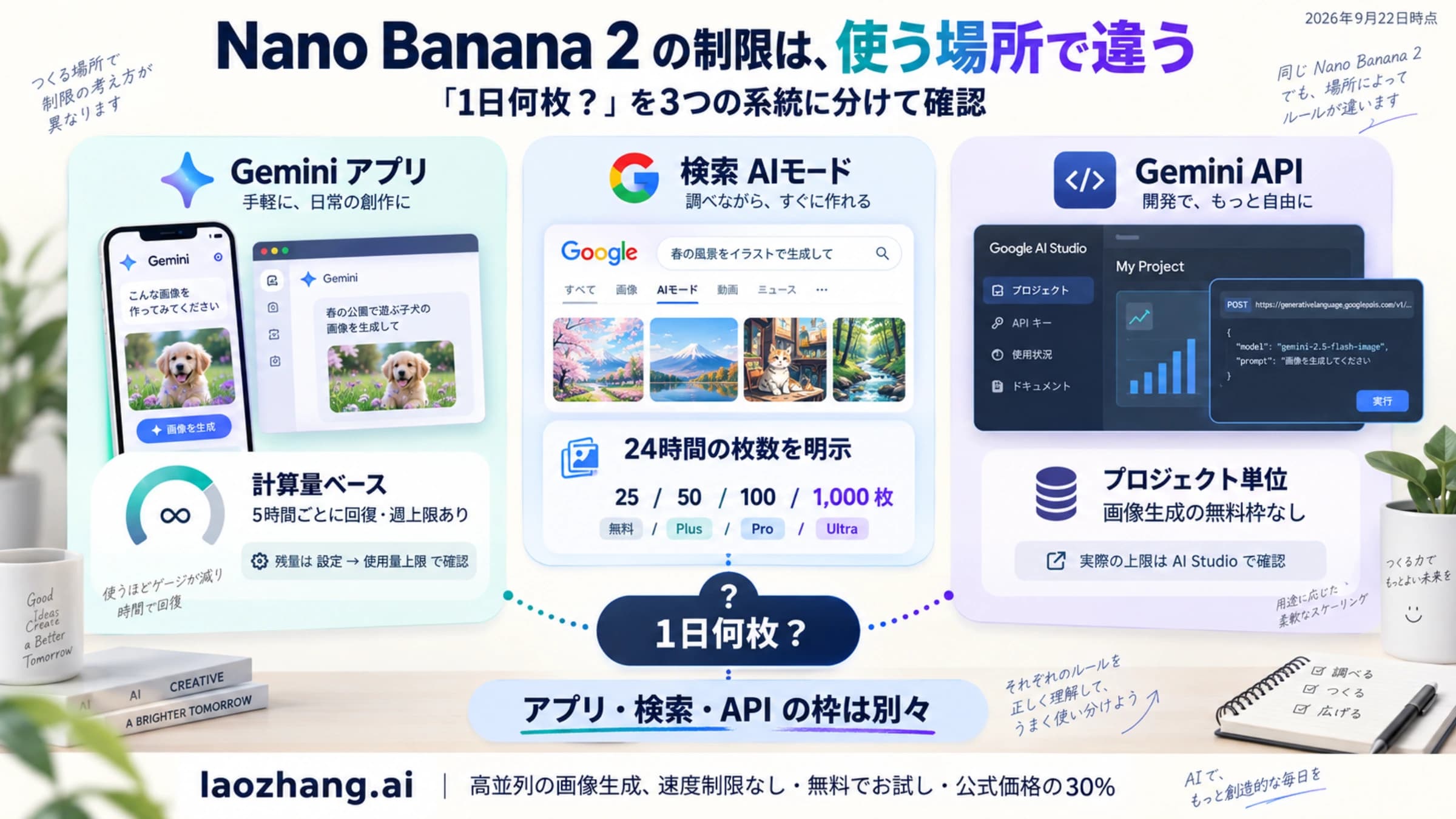 Nano Banana 2 の制限を Gemini アプリ・検索 AI モード・Gemini API の三系統に分けて示した図