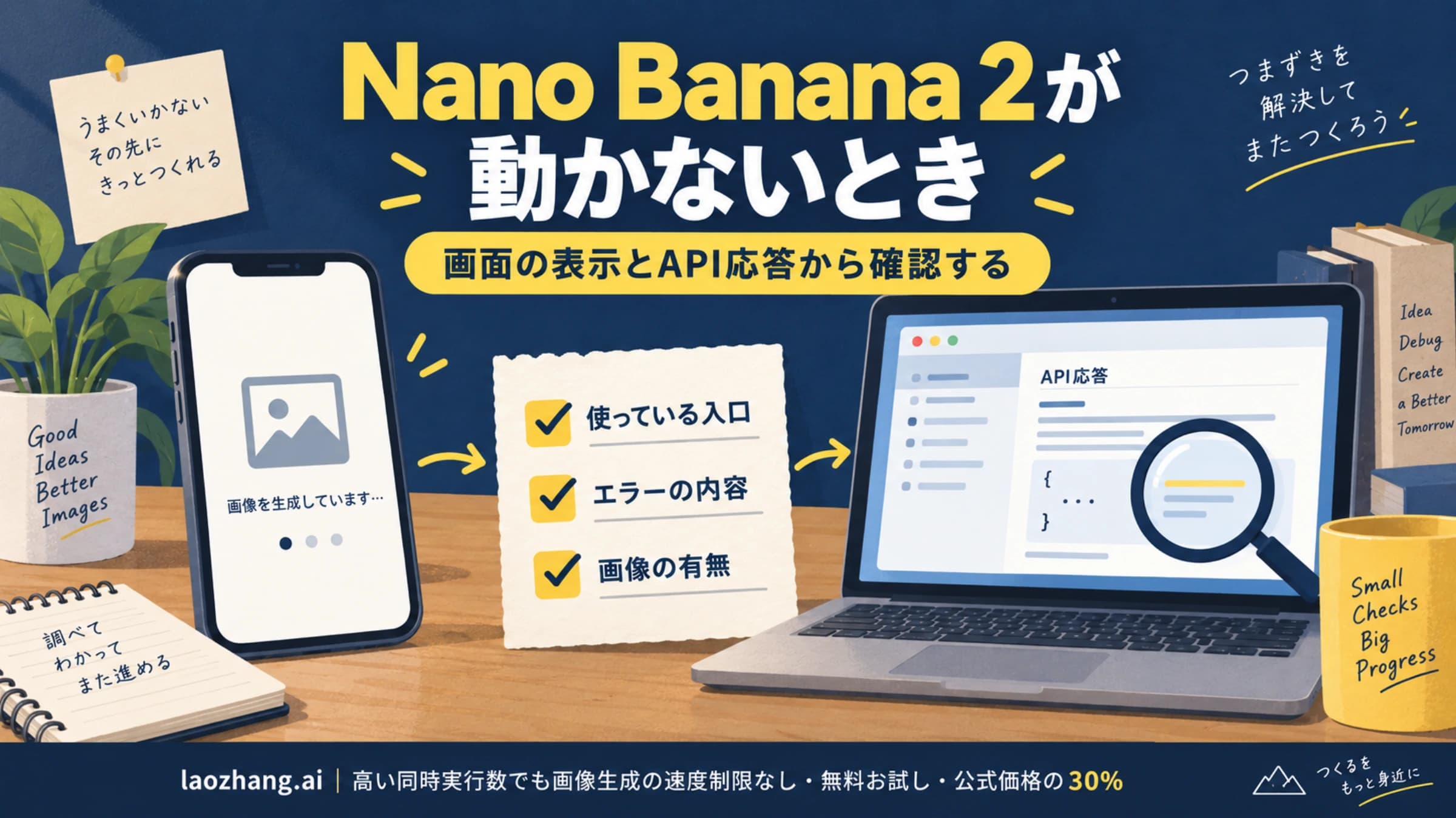 Nano Banana 2の利用画面とAPI応答を分け、エラー内容と画像の有無を確認するイメージ
