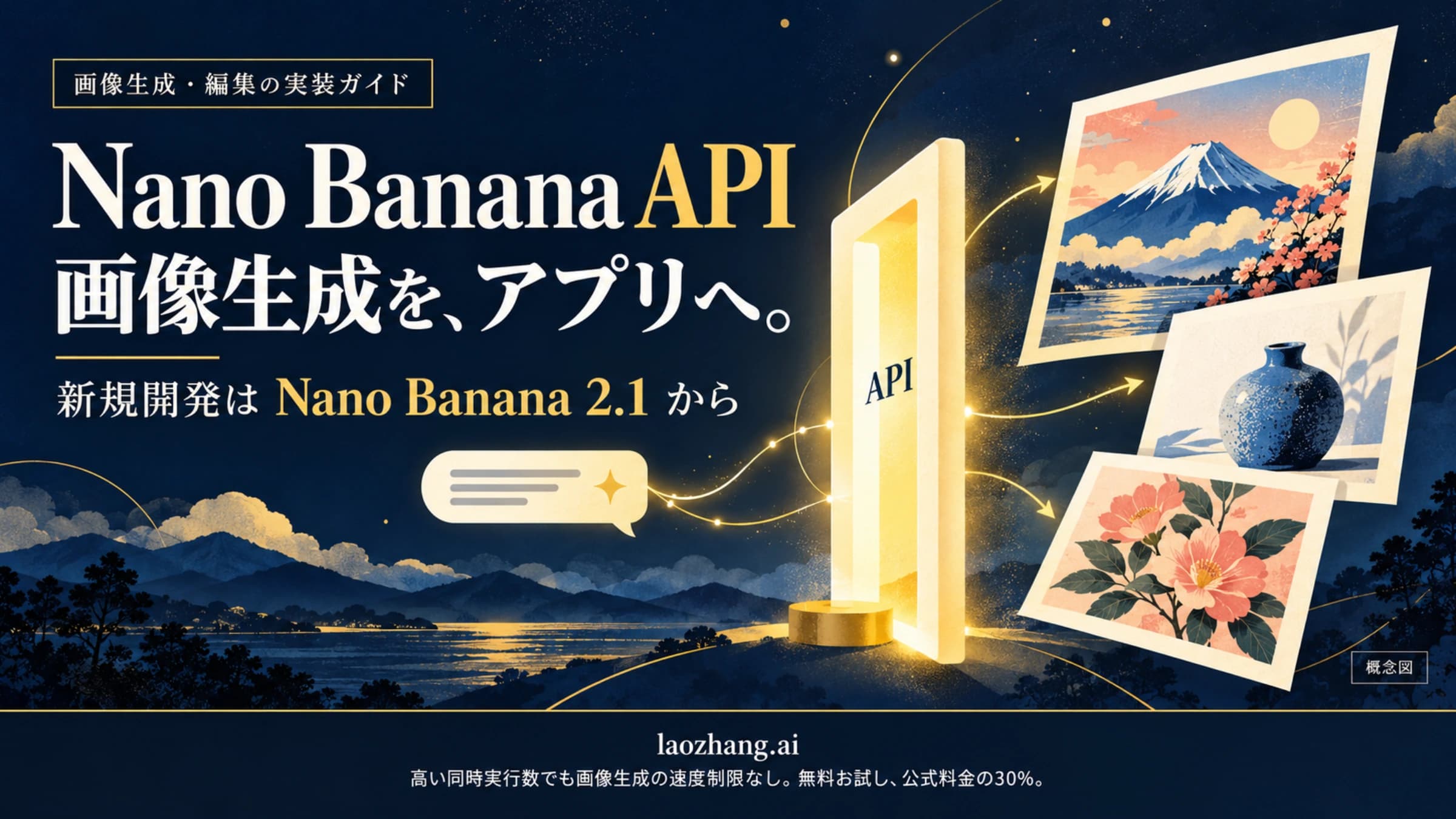 Nano Banana 2.1を出発点に、APIで指示から画像を作る流れを描いた概念イラスト
