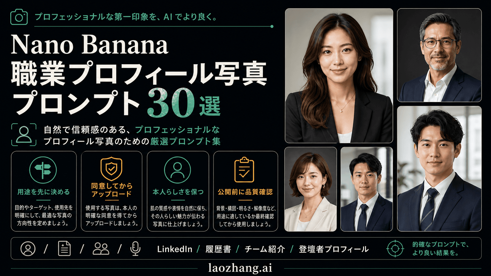 Nano Banana 職業プロフィール写真プロンプトの情報ボード。用途、同意、本人らしさ、品質確認を示す