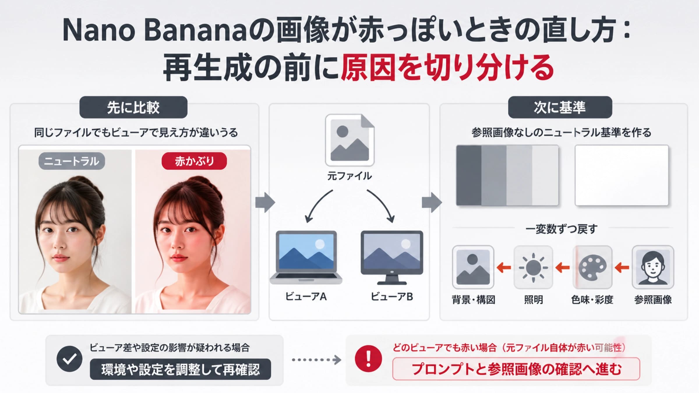 Nano Bananaで生成したニュートラルな人物画像と赤かぶり画像の比較