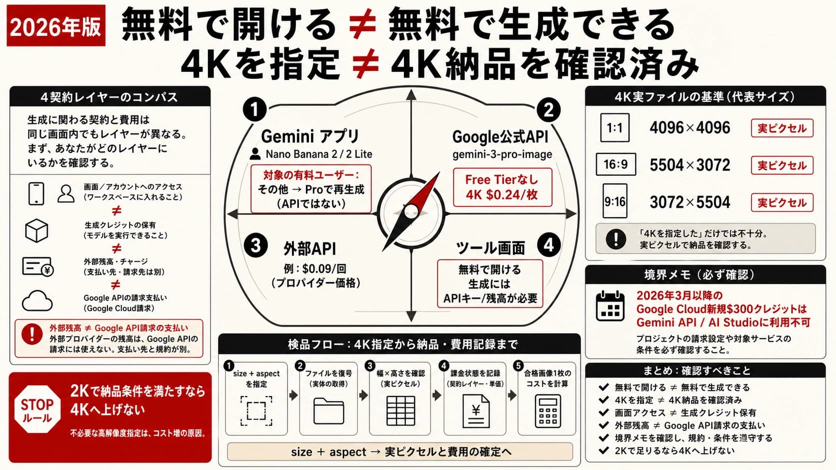 Geminiアプリ、公式Pro API、Cloudクレジット、外部サービスを分け、4K実ファイルと日本語を検品する契約マップ