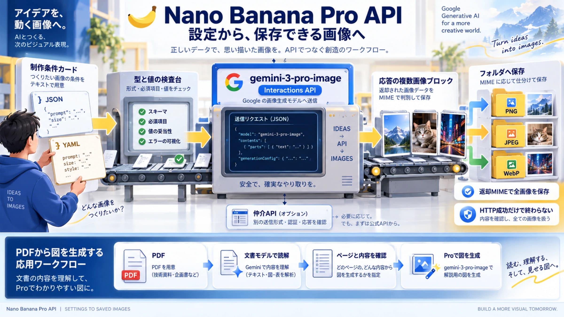 アプリのJSON・YAML設定を公式Interactionsへ変換して画像を保存し、PDFは読解と確認を経由して画像化する概念図