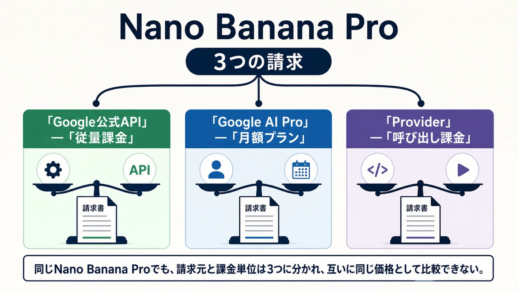 Nano Banana Proという同じ名称から、公式API、Google AI Pro、外部providerの三つの請求先に分かれる図